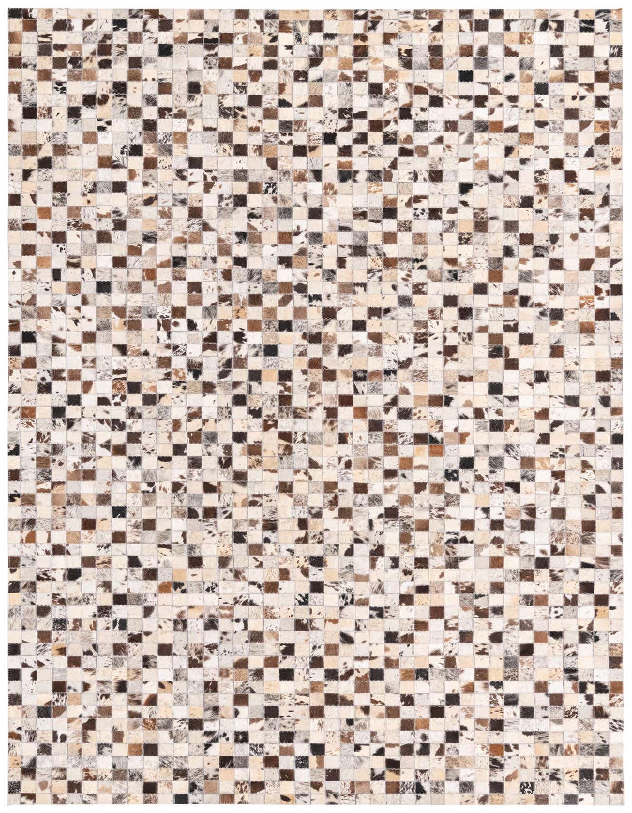 A 5x8 rectangular modern cowhide rug featuring a multi-colored patchwork of brown, white, and black squares.