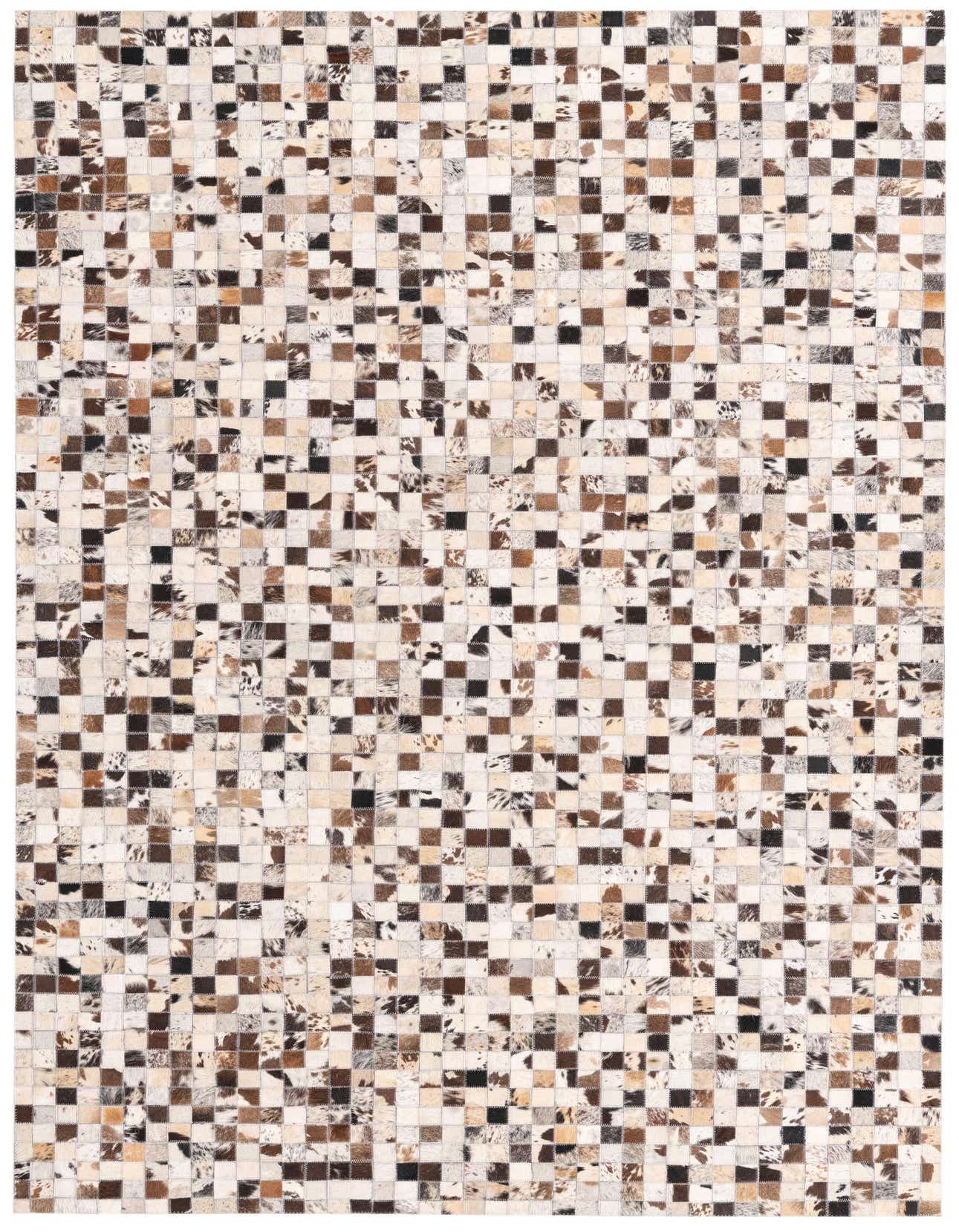 A 5x8 rectangular Cowhide rug with a modern patchwork pattern in multi-colored natural cowhide and leather squares.