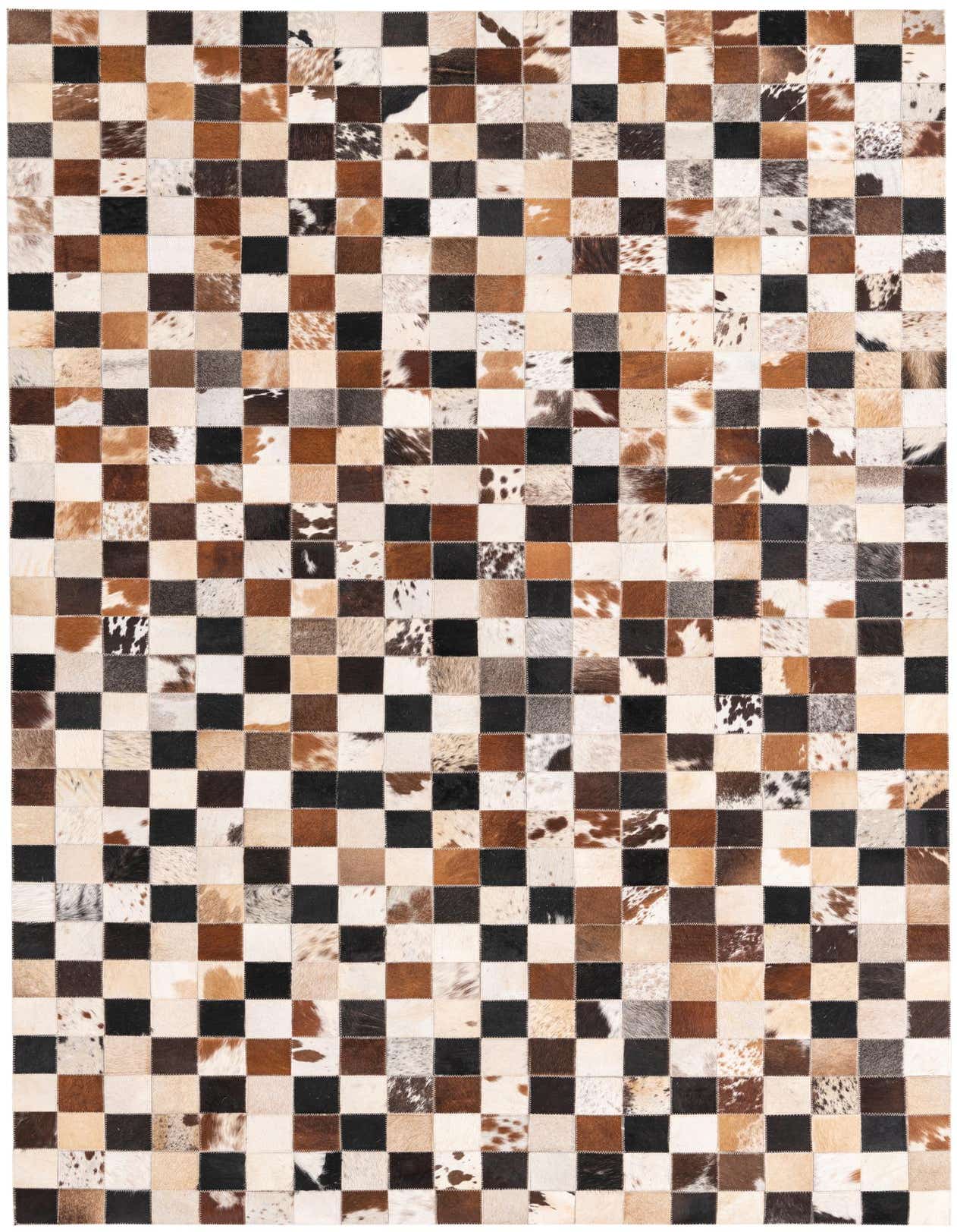 A rectangular 5x8 modern rug made from multi-colored cowhide and leather patches in a checkerboard pattern.