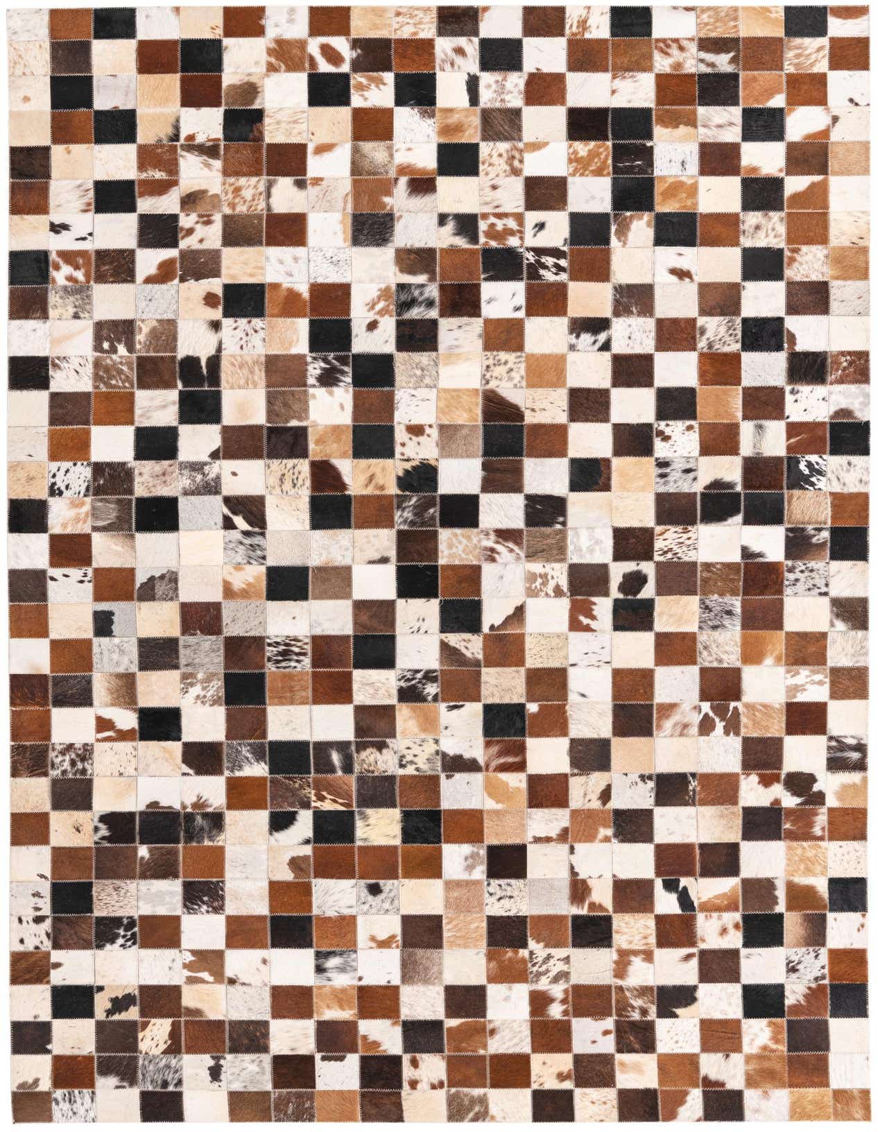A 5x8 rectangular Cowhide rug featuring a modern patchwork design with multi-colored squares of natural cowhide and leather.