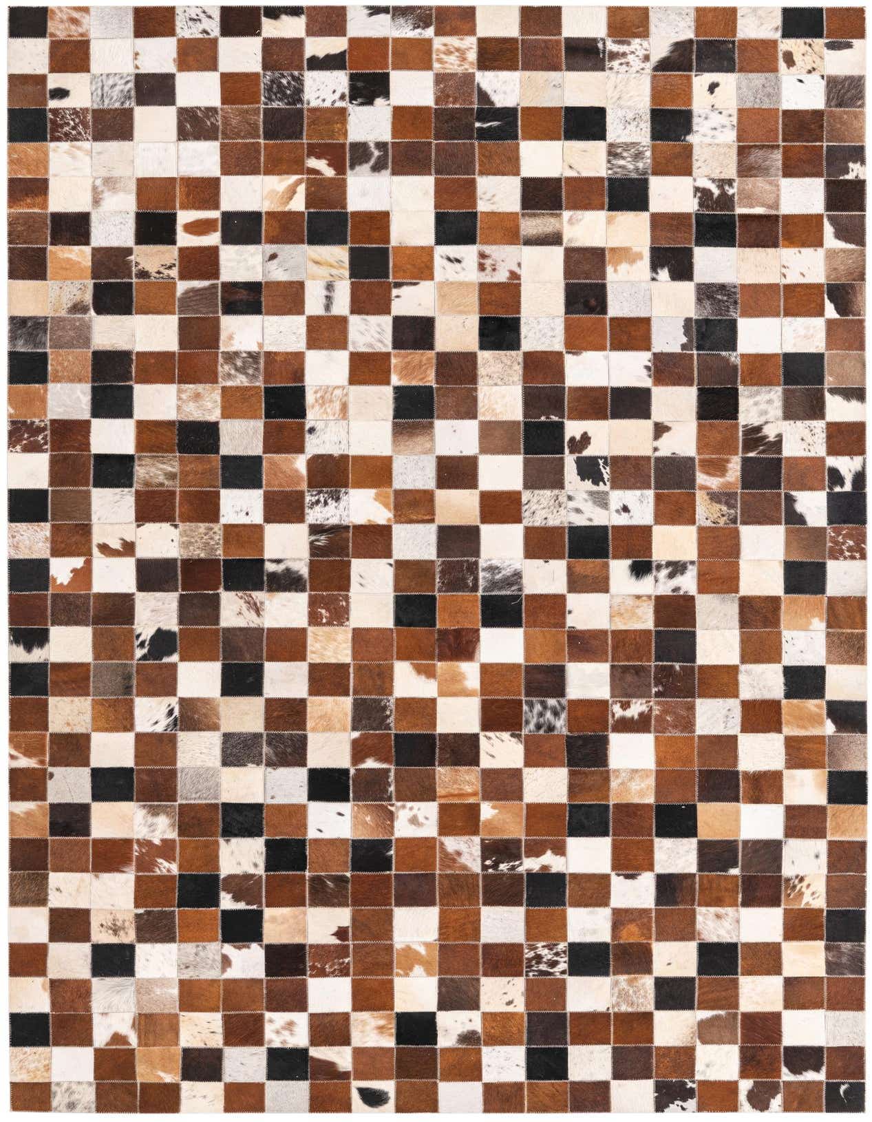 A 5x8 rectangular multi-colored cowhide rug featuring a modern checkerboard pattern in various shades of brown, black, and white.