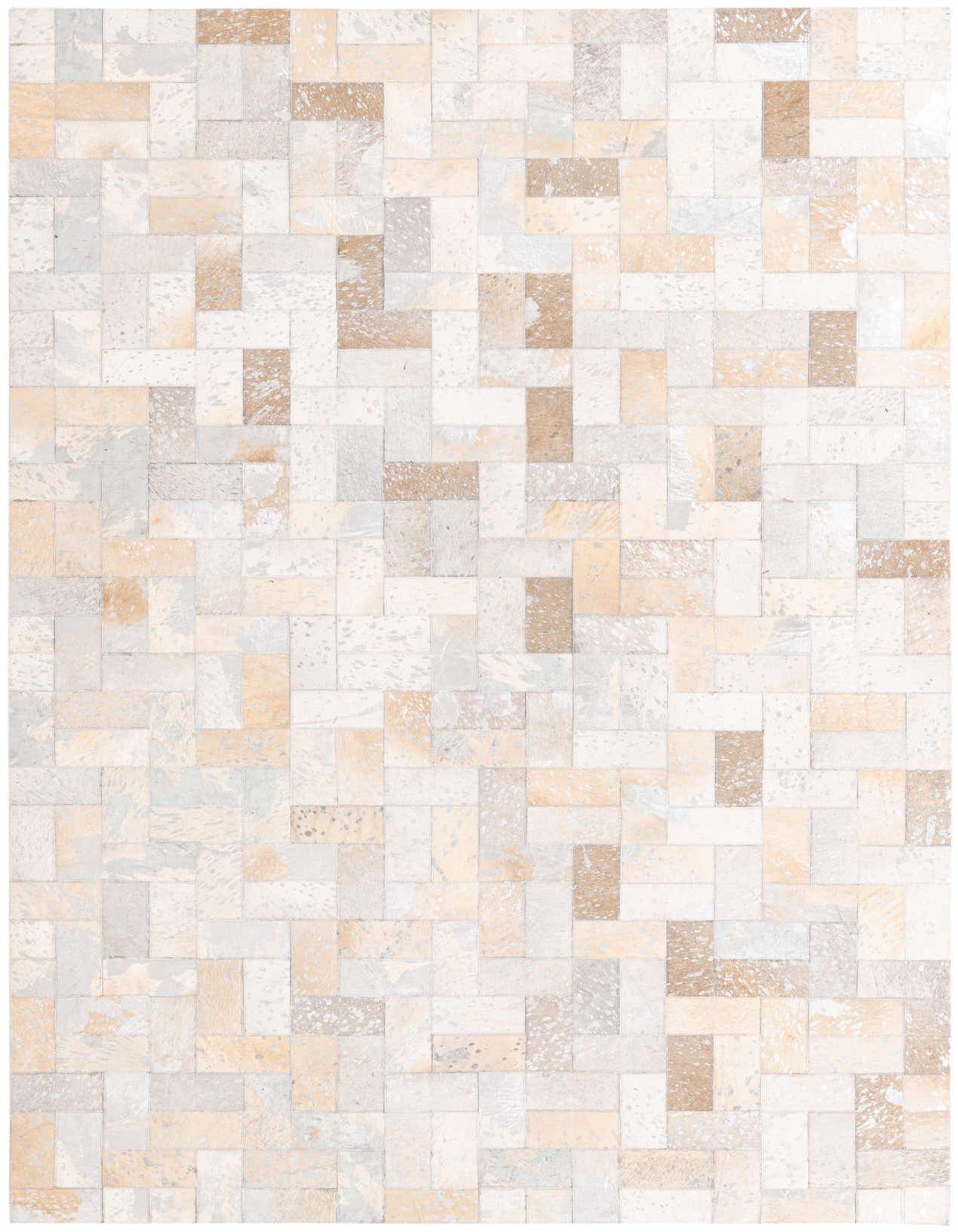 5x8 rectangular Cowhide rug with a modern patchwork pattern in multi-colored natural tones of white, beige, and light brown.