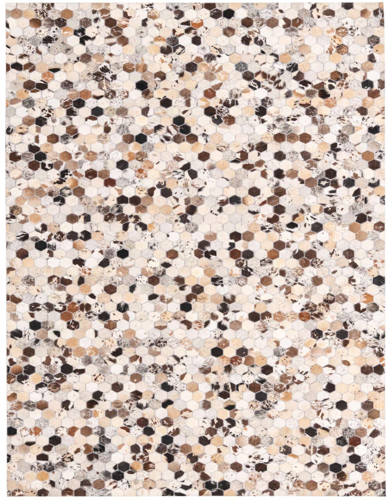 A 5x8 rectangular Cowhide rug with a modern hexagonal patchwork pattern in multi-colored natural cowhide and leather tones.