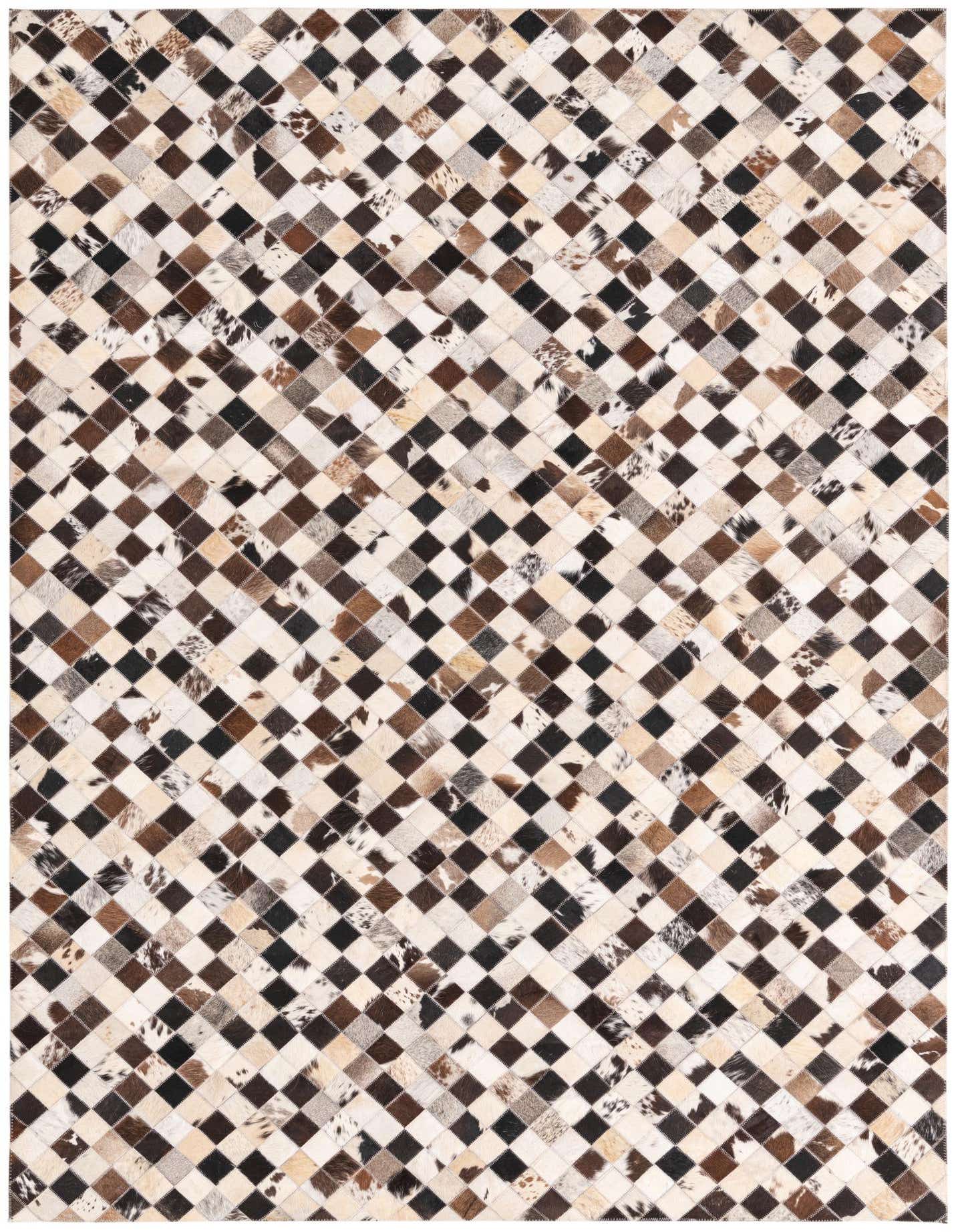 A 5x8 rectangular cowhide rug with a modern patchwork design in multi-colored natural tones of brown, black, and cream.