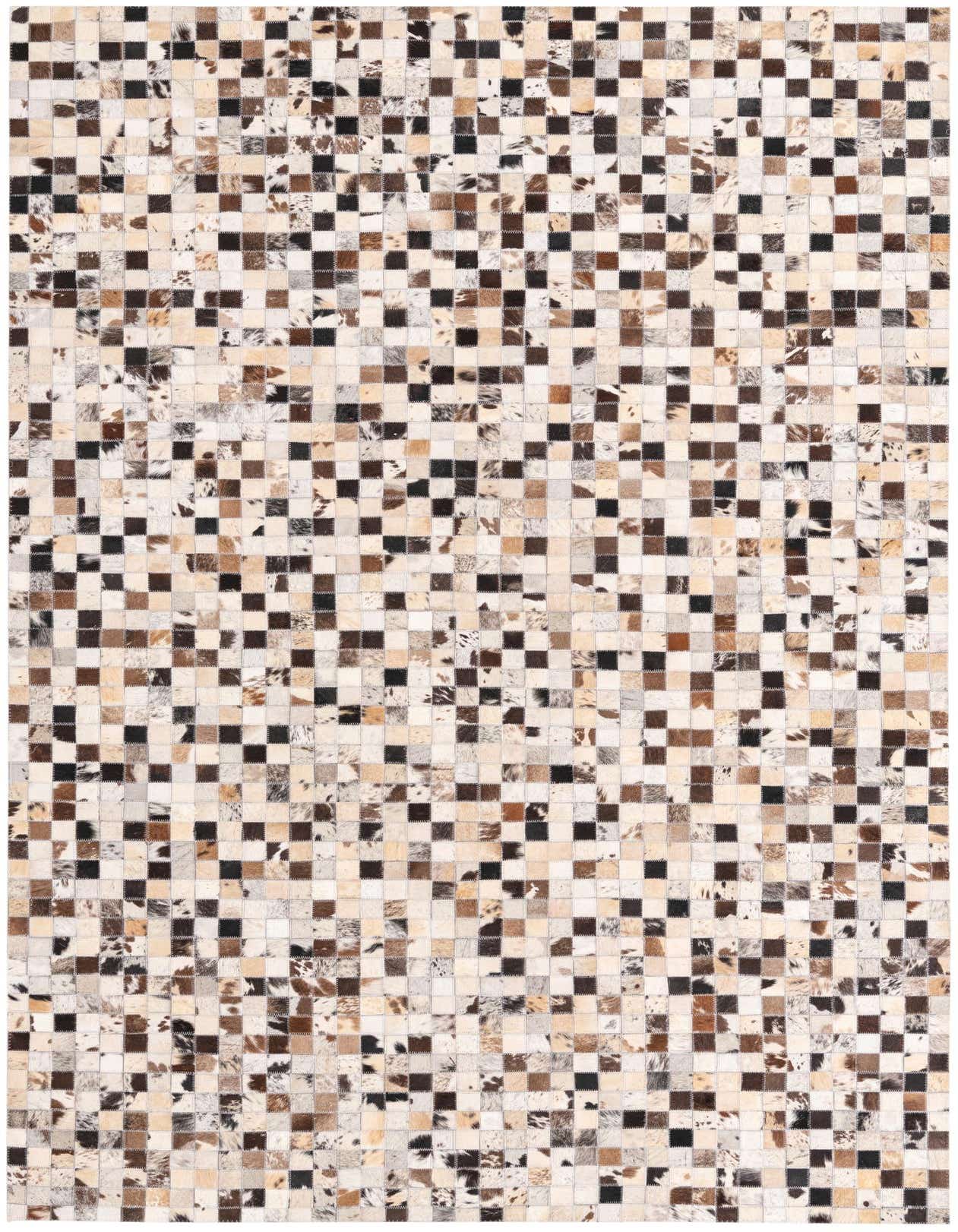 A 5x8 rectangular Cowhide rug featuring a modern patchwork of multi-colored squares in natural brown, black, and cream tones.