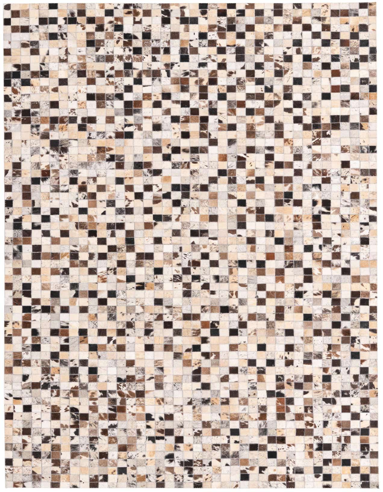 A 5x8 rectangular Cowhide rug featuring a modern patchwork design with multi-colored squares of natural cowhide and leather.