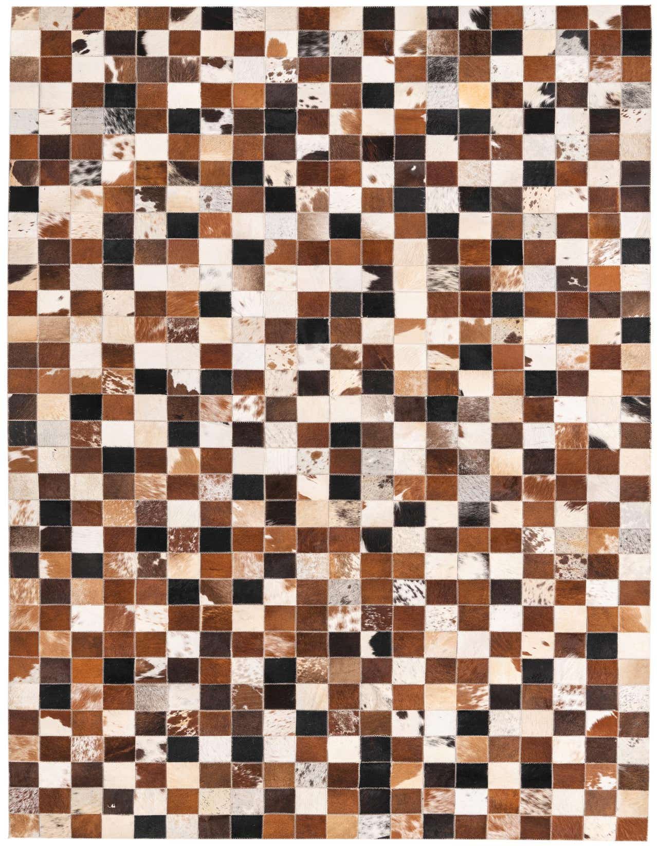 A 5x8 rectangular Cowhide rug featuring a modern patchwork design with multi-colored squares in various brown, black, and white natural cowhide patterns.
