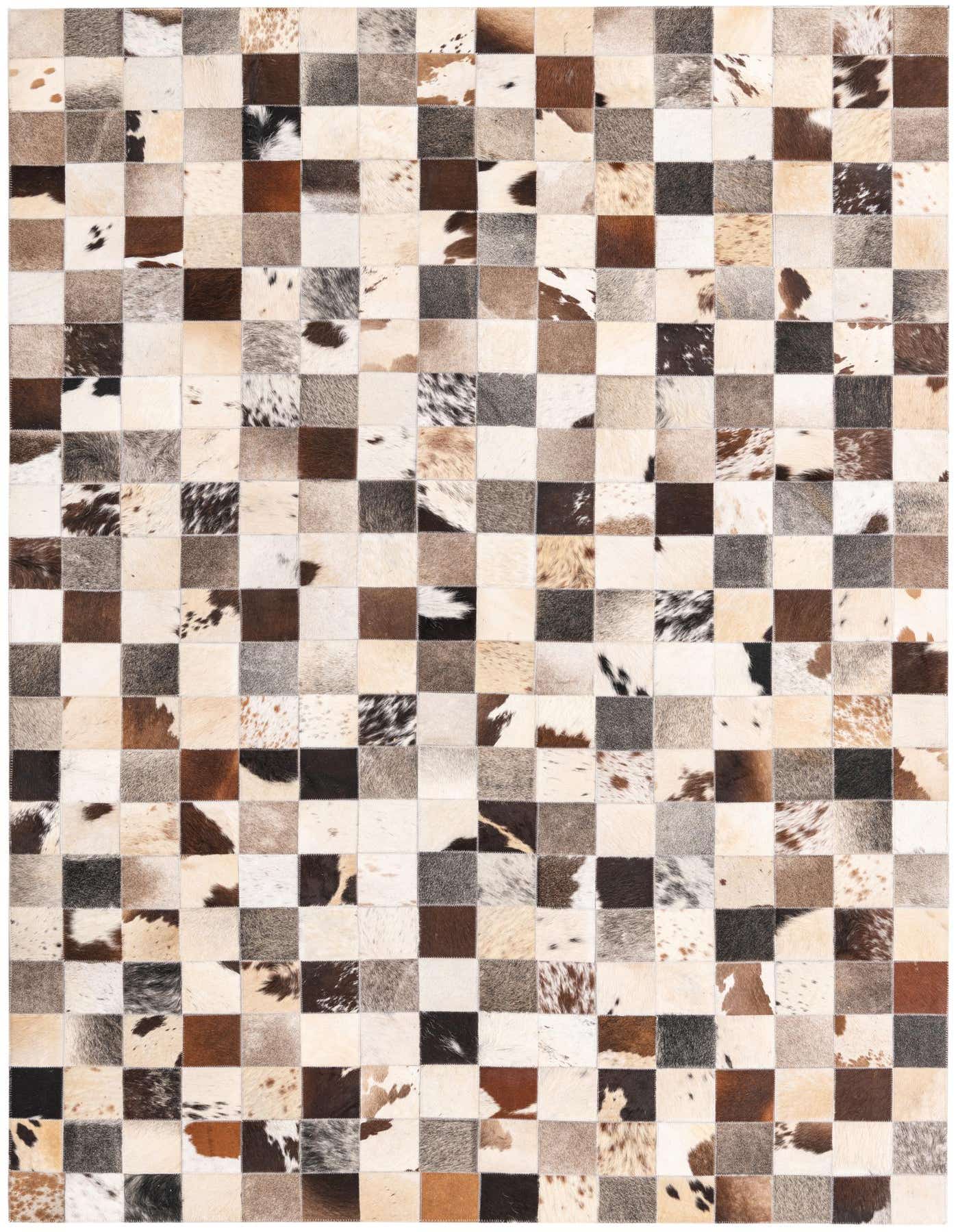 A 5x8 rectangular Cowhide rug featuring a modern patchwork of multi-colored squares in various natural brown, white, and black tones.