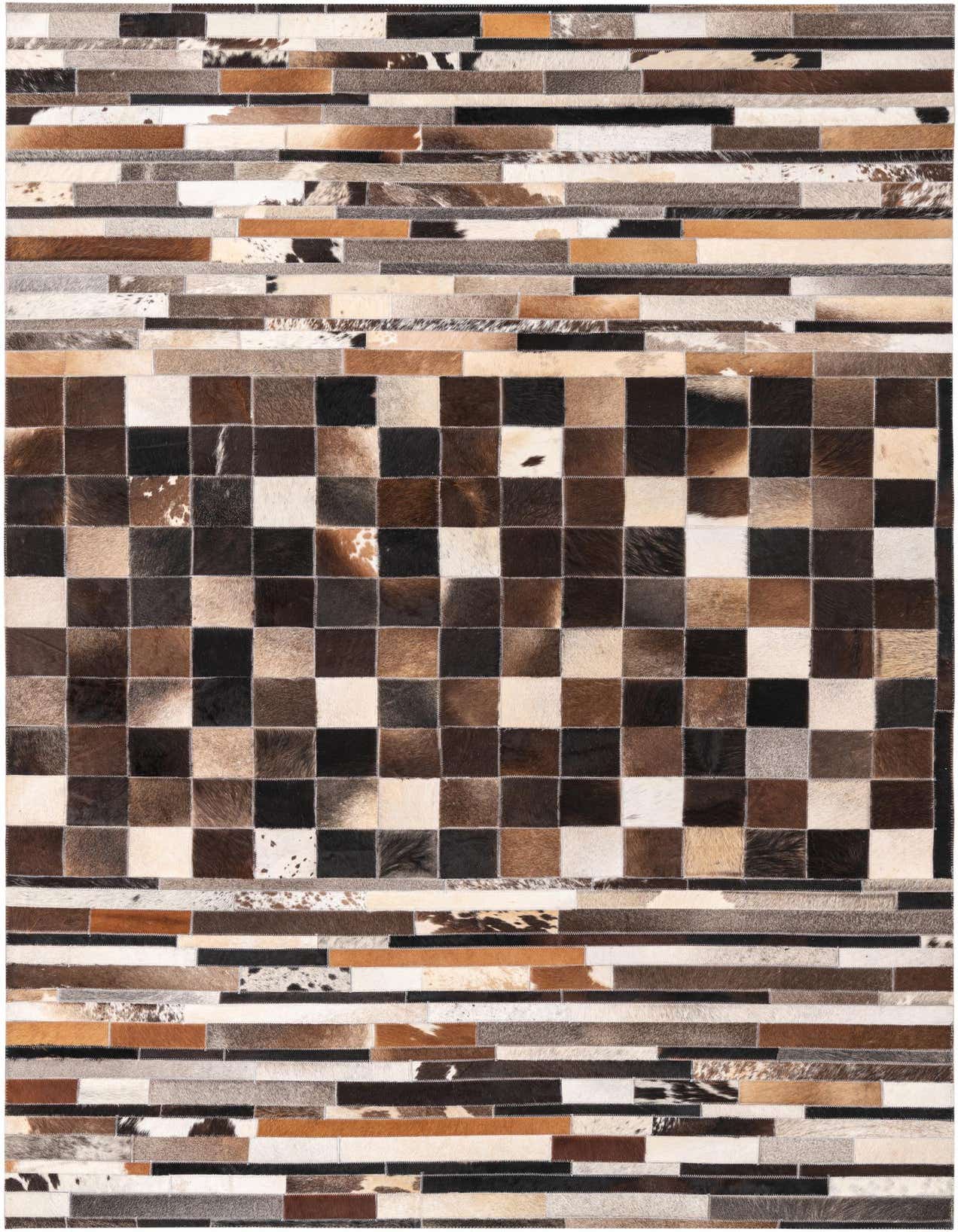 A 5x8 rectangular Cowhide rug featuring a multi-colored modern patchwork design with a central checkerboard pattern.