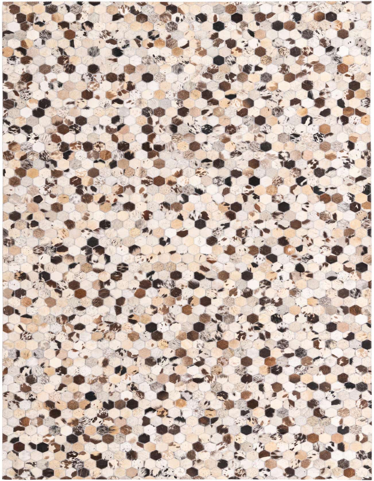 A 5x8 rectangular Cowhide rug featuring a modern honeycomb pattern in multi-colored natural cowhide and leather patches.