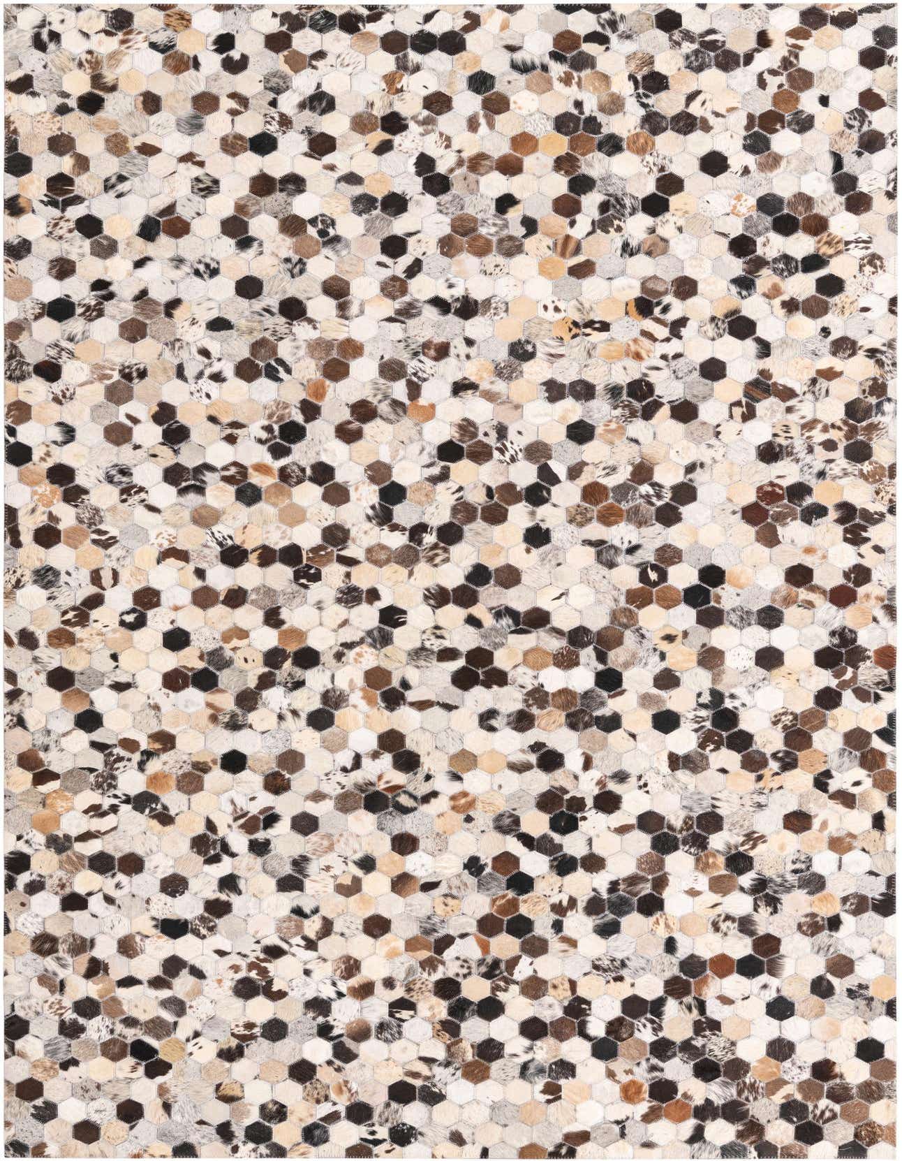 A 5x8 rectangular cowhide rug featuring a modern mosaic pattern of multi-colored hexagonal patches in natural browns, creams, and black.