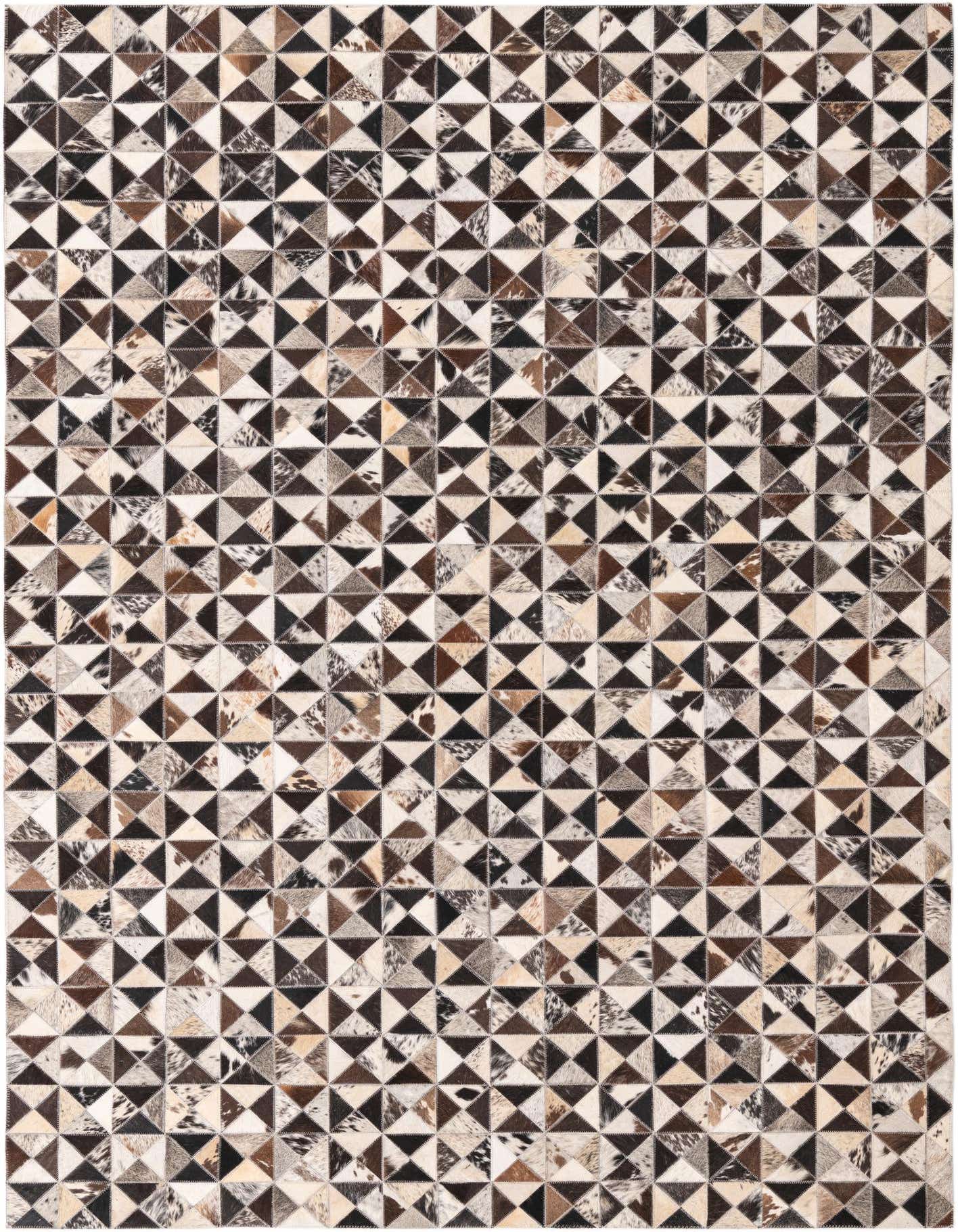 A 5x8 rectangular Cowhide rug featuring a modern geometric pattern of multi-colored, natural cowhide and leather triangles.