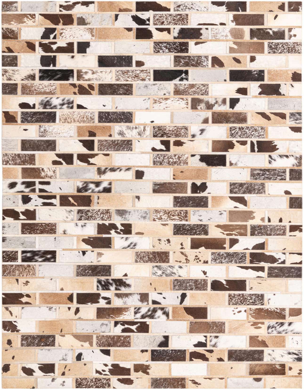 A rectangular 5x8 modern cowhide rug featuring a multi-colored patchwork pattern in shades of brown, white, and black.