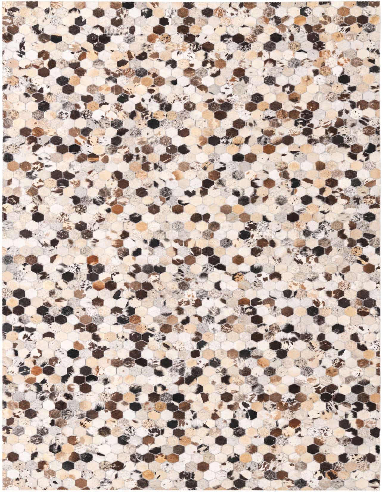 A 5x8 rectangular Cowhide rug featuring a modern honeycomb pattern in multi-colored natural cowhide patches.