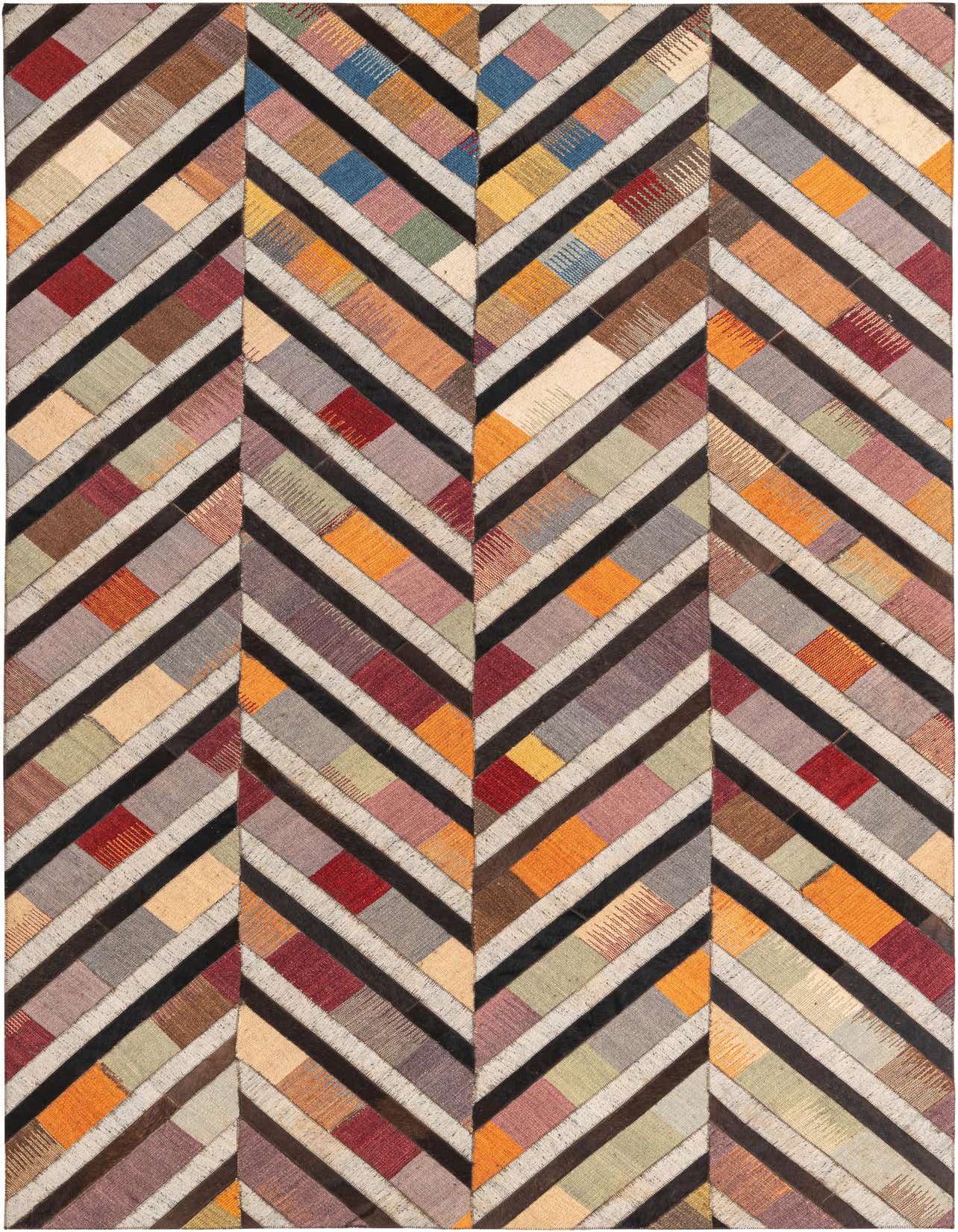 A 5x8 rectangular Cowhide & Leather rug featuring a modern multi-colored chevron pattern with various hues and textures.