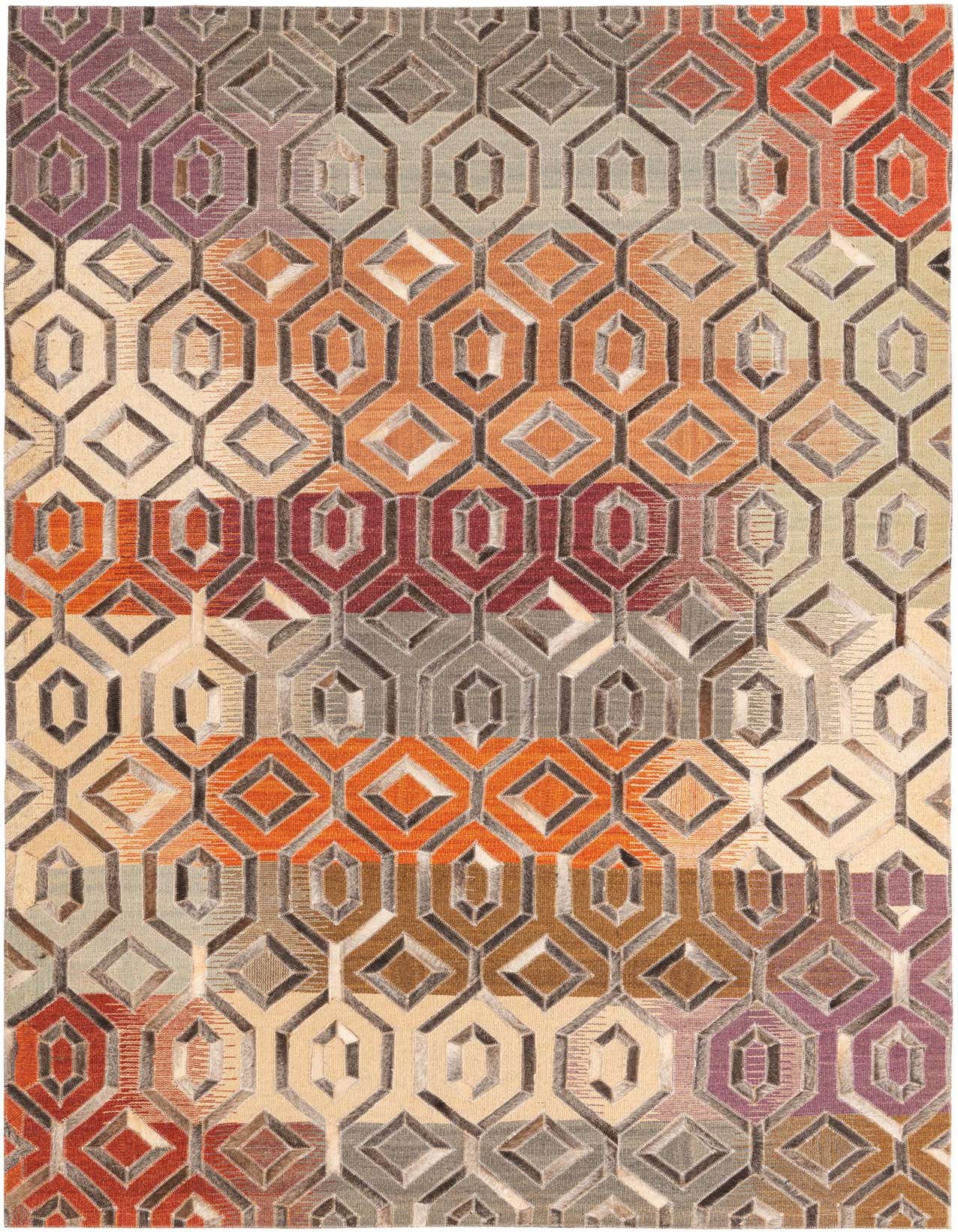 A 5x8 rectangular Cowhide rug with a modern geometric pattern in multi-colored hues including orange, purple, red, and beige.