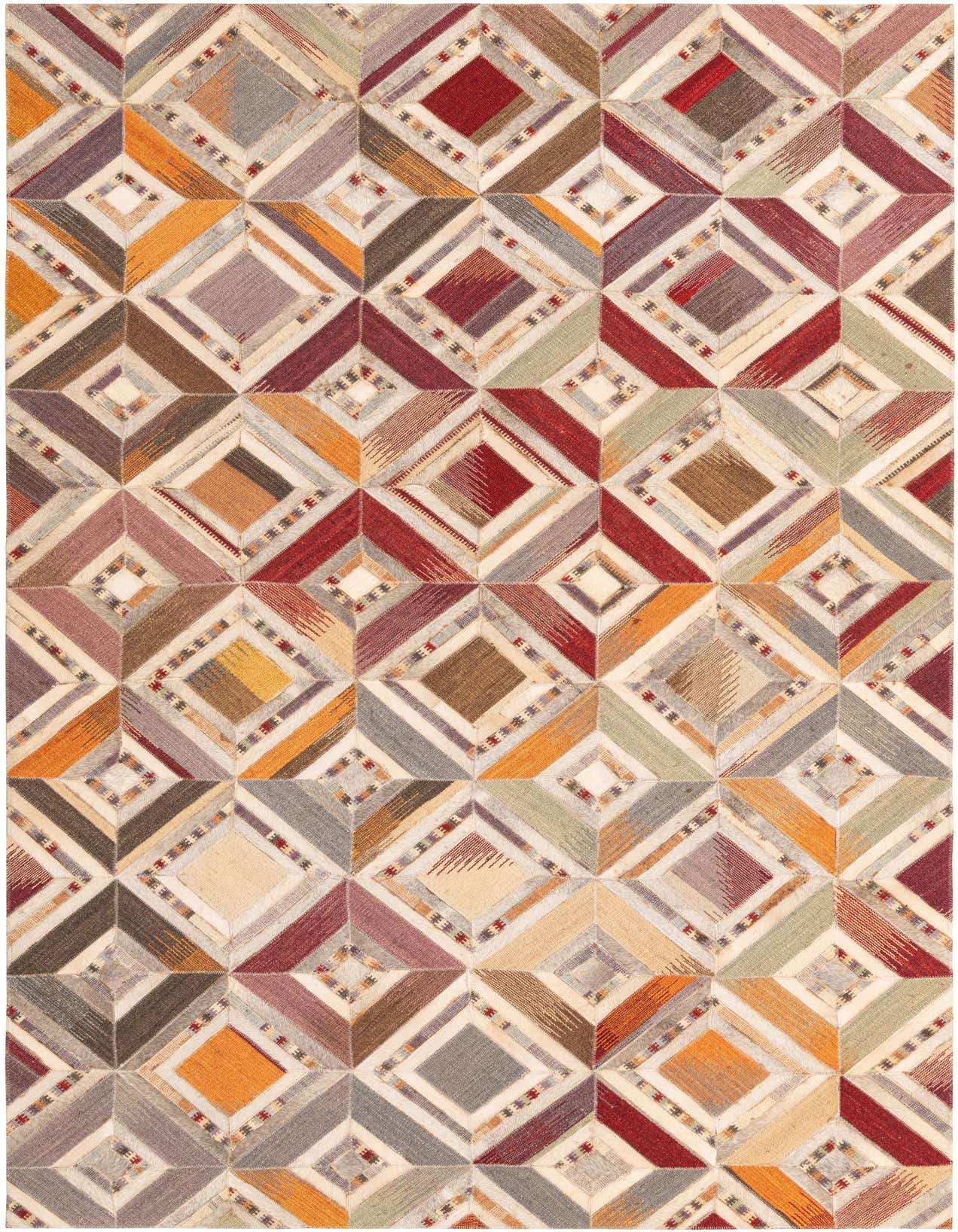 A 5x8 rectangular Cowhide & Leather rug featuring a modern multi-colored diamond patchwork pattern, ideal for a living room.