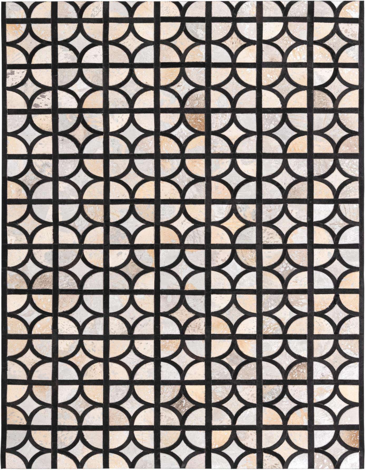 A 5x8 rectangular Cowhide rug with a modern geometric pattern of multi-colored semicircles and squares outlined in black.