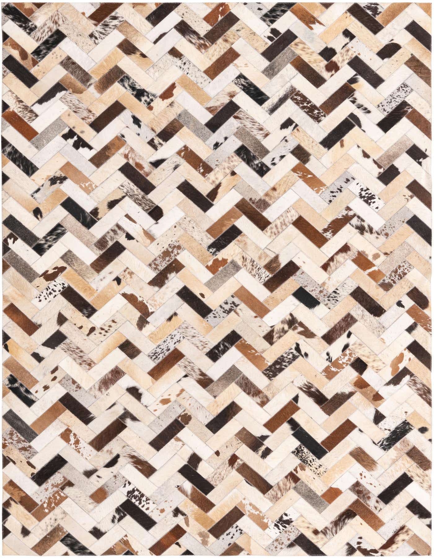 A rectangular 5x8 multi-colored cowhide rug featuring a modern herringbone stripe pattern in various natural brown, white, and black tones.