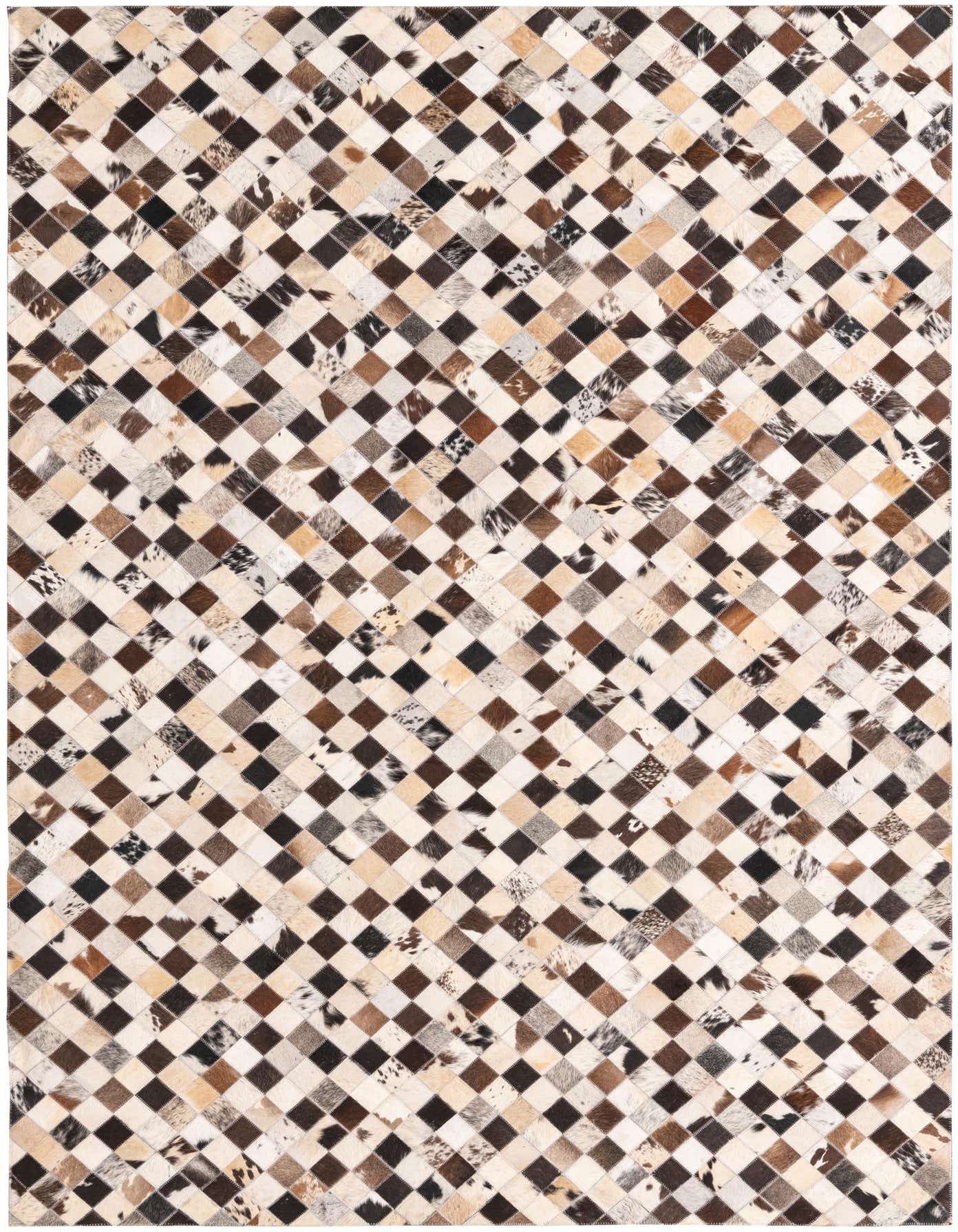 A 5x8 rectangular modern cowhide rug featuring a multi-colored patchwork diamond pattern in shades of brown, black, and cream.