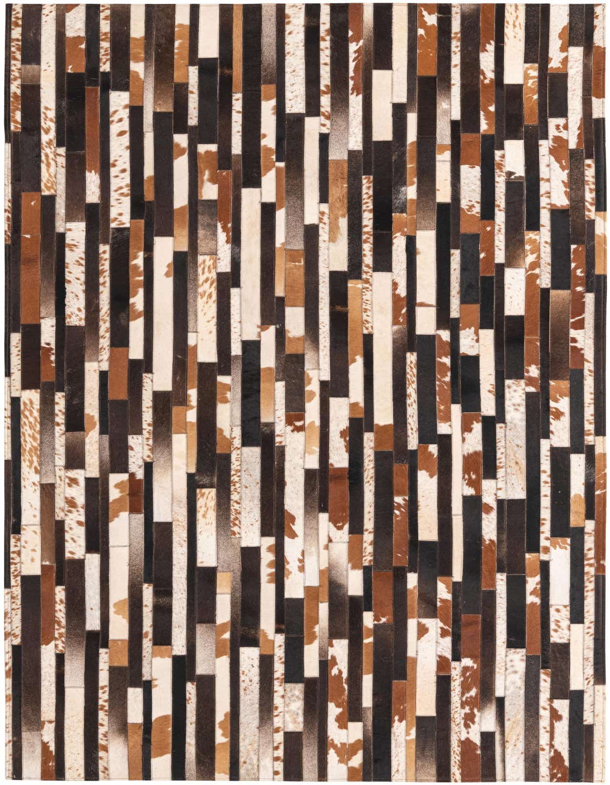 A rectangular 5x8 modern stripe rug made from multi-colored cowhide and leather patches, perfect for a living room.