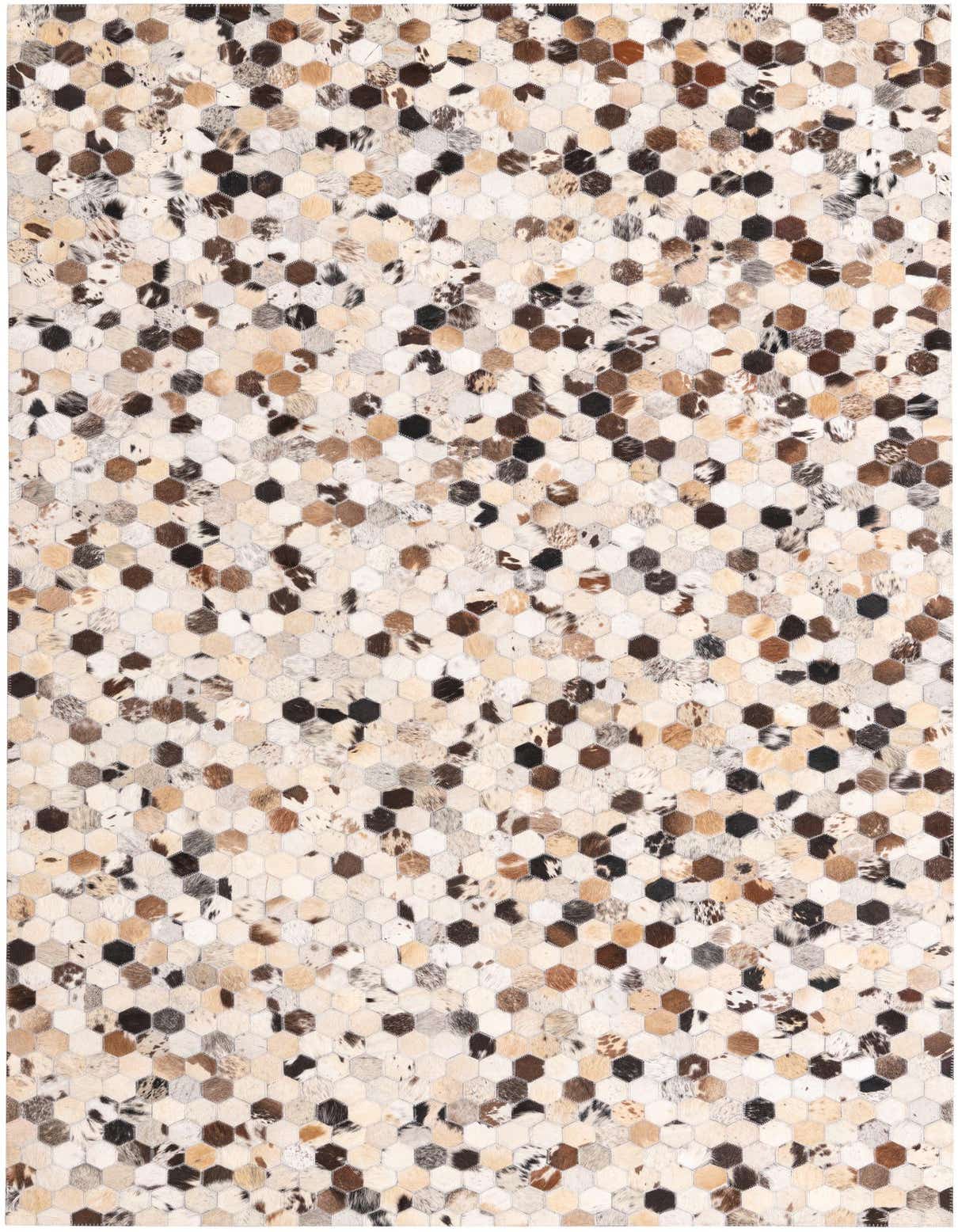 A 5x8 rectangular Cowhide rug featuring a modern honeycomb pattern in multi-colored natural cowhide and leather patches.