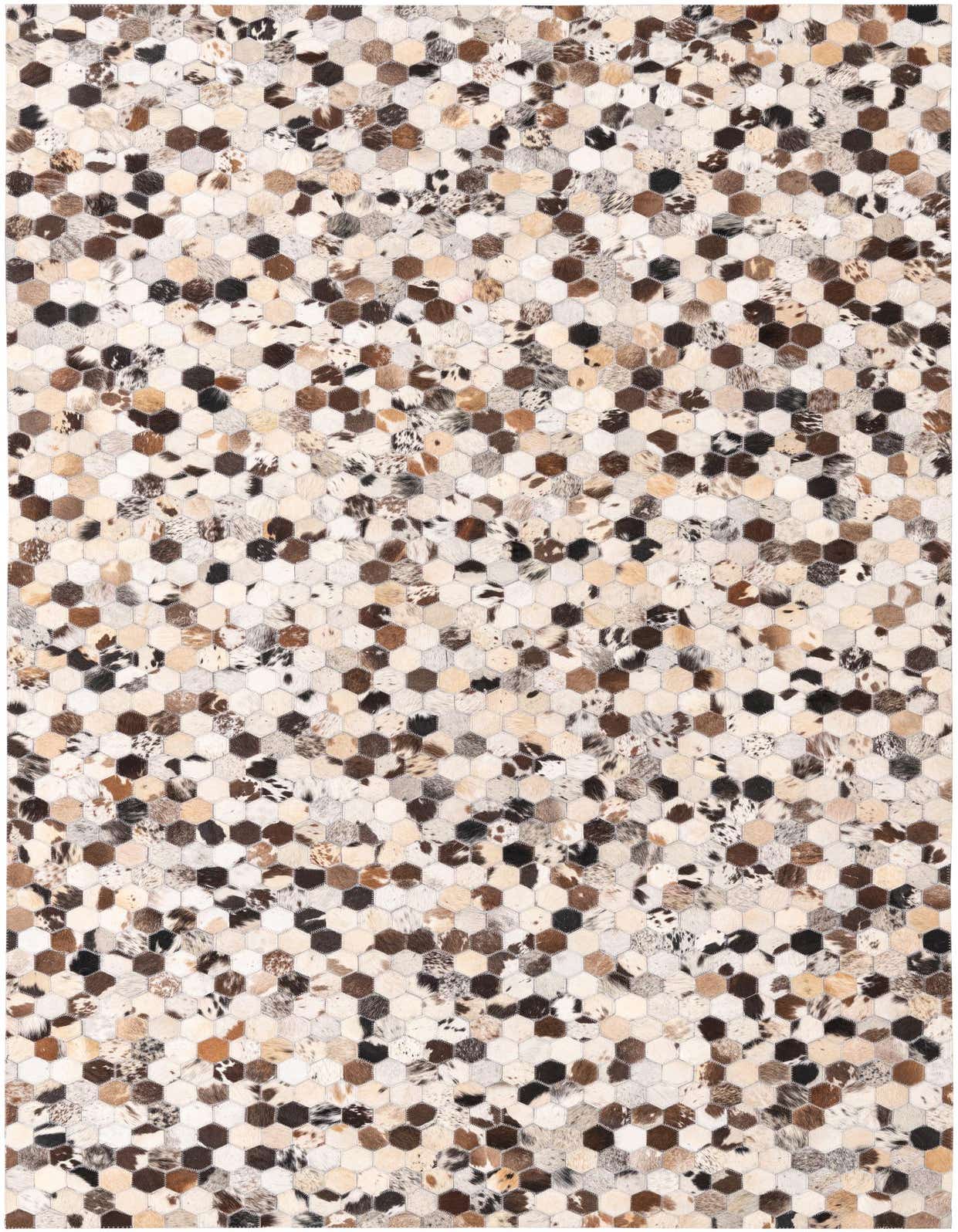 A 5x8 rectangular Cowhide rug featuring a modern honeycomb pattern in multi-colored natural cowhide and leather patches.