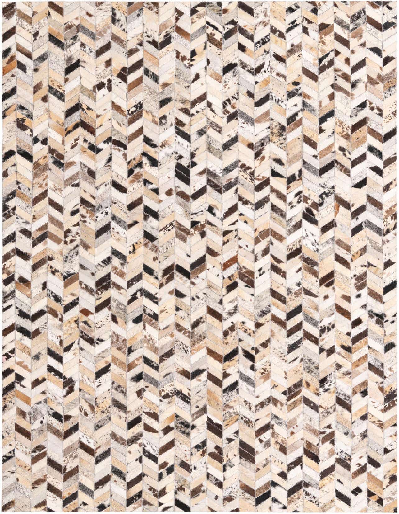 A 5x8 rectangular Cowhide rug with a modern chevron pattern in multi-colored natural brown, black, and white tones.