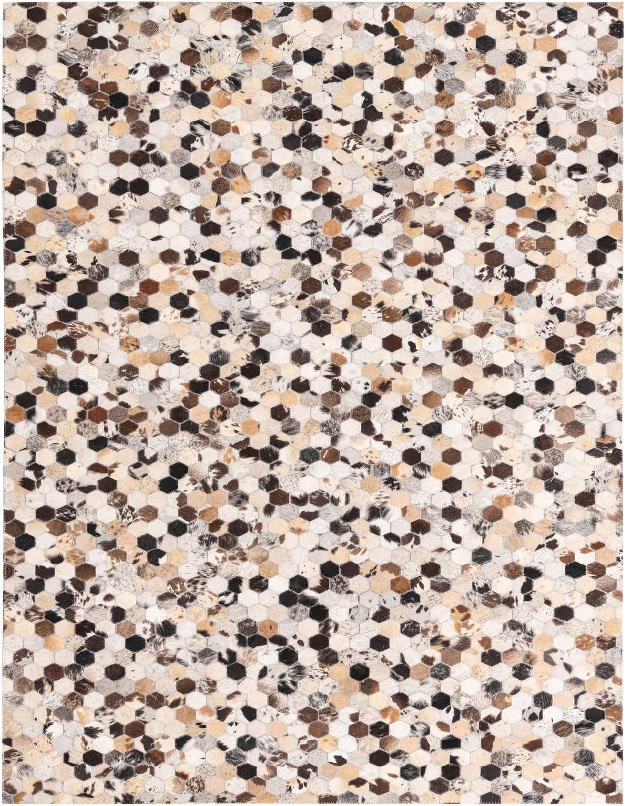 A 5x8 rectangular Cowhide rug with a modern hexagonal pattern in multi-colored natural cowhide and leather.