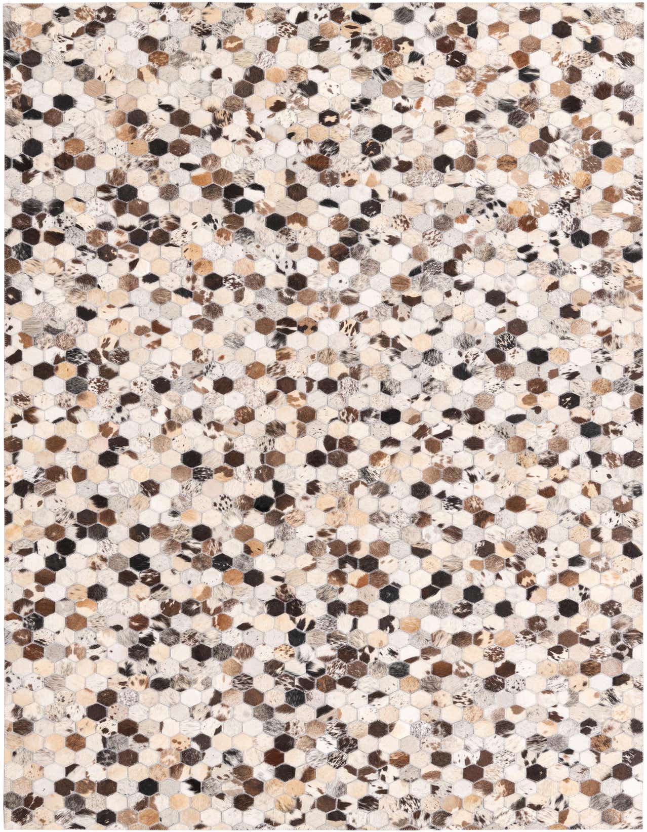 A 5x8 rectangular rug featuring a modern mosaic pattern of multi-colored hexagonal cowhide and leather patches.