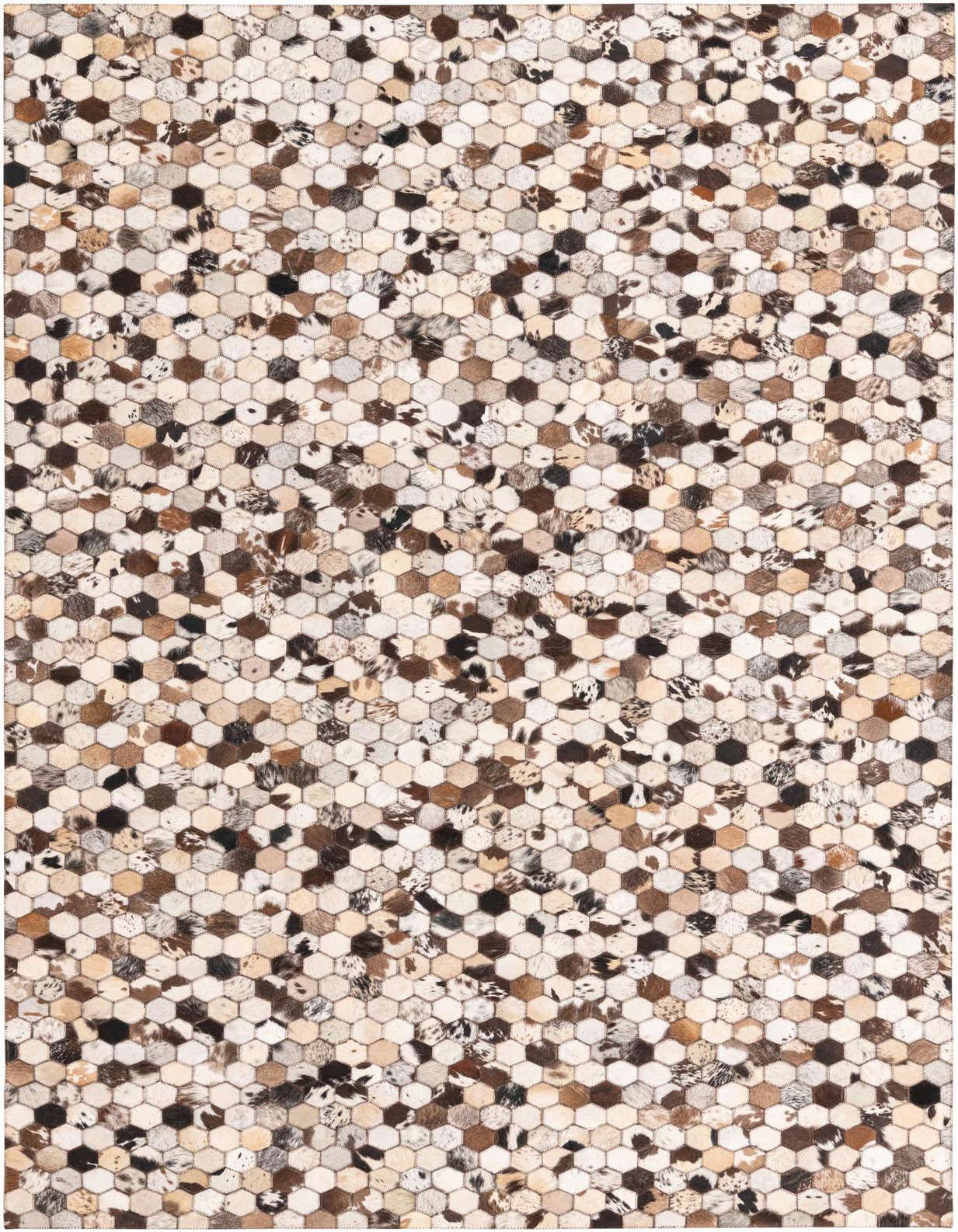 A 5x8 rectangular Cowhide rug featuring a modern honeycomb pattern in multi-colored natural cowhide and leather patches.