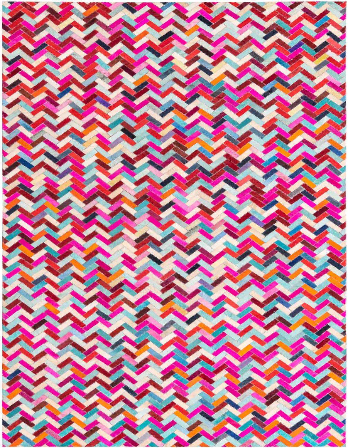 A vibrant 5x8 rectangular Cowhide rug with a modern multi-colored chevron pattern, featuring shades of pink, red, blue, orange, and cream.