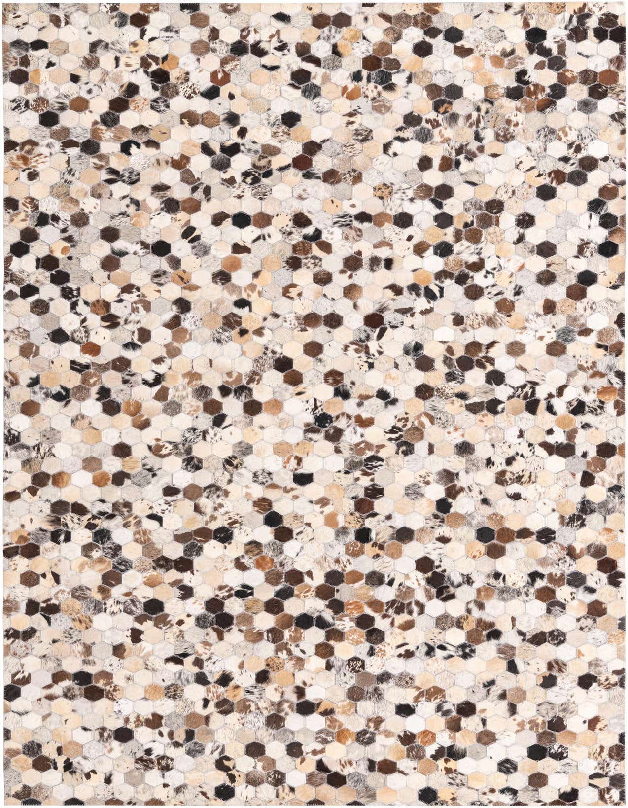 A 5x8 rectangular Cowhide rug featuring a modern honeycomb pattern in multi-colored natural cowhide and leather patches.