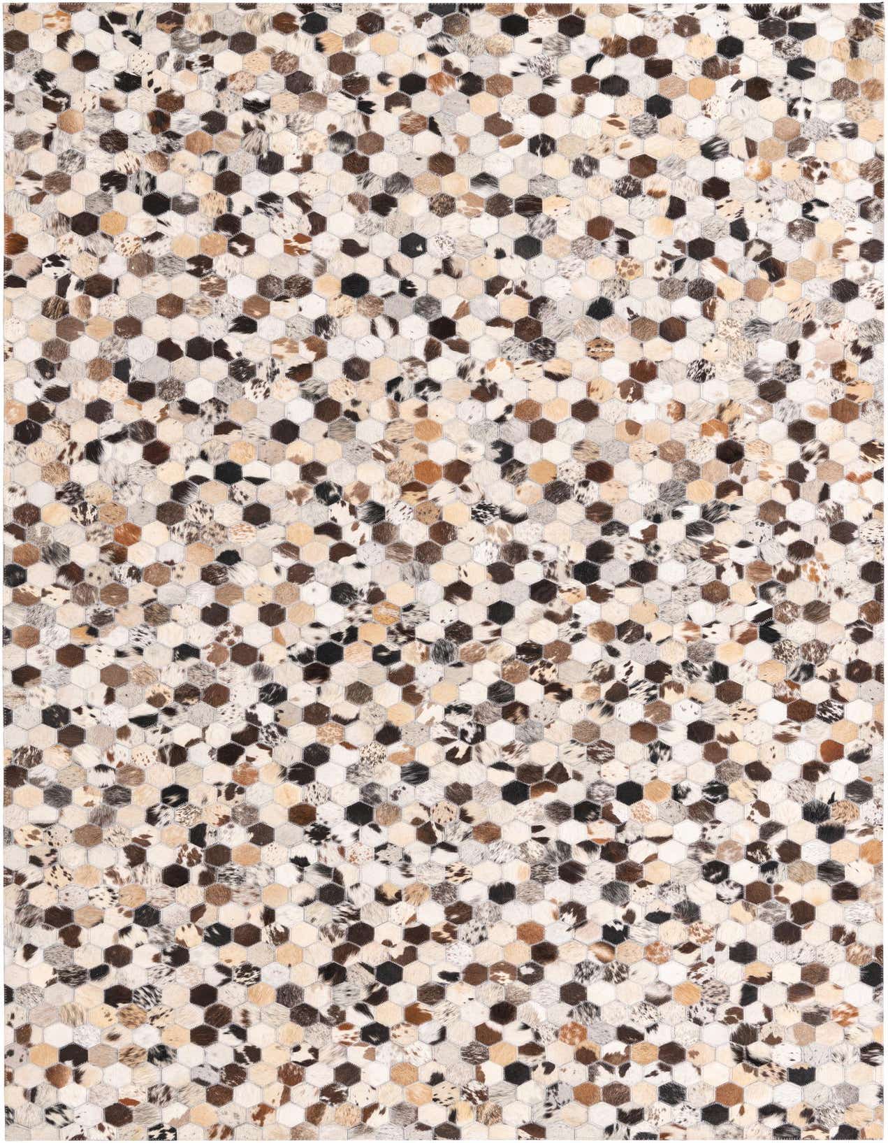 A 5x8 rectangular Cowhide rug with a modern hexagonal pattern in multi-colored natural tones of brown, black, and white.