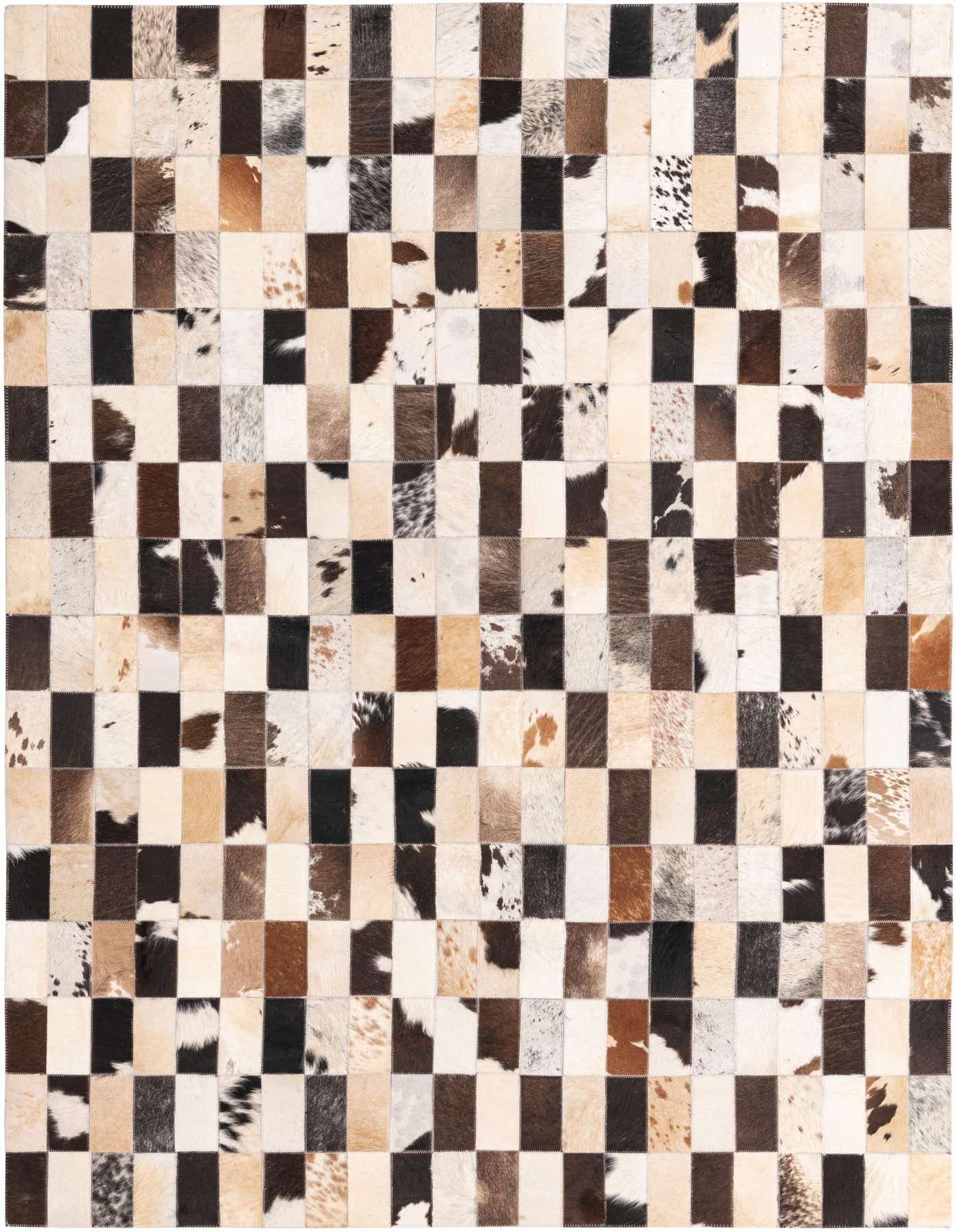 A 5x8 rectangular Cowhide rug featuring a modern patchwork design in varied shades of brown, black, and white.