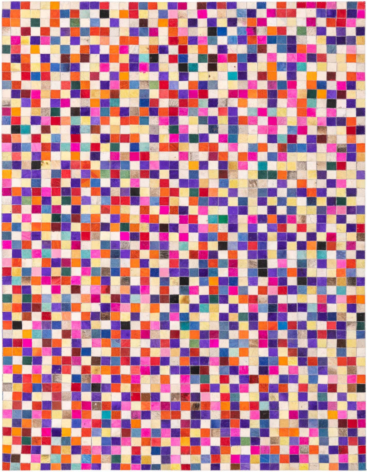 A 5x8 rectangular Cowhide rug featuring a modern, multi-colored patchwork design with small squares of various vibrant hues.