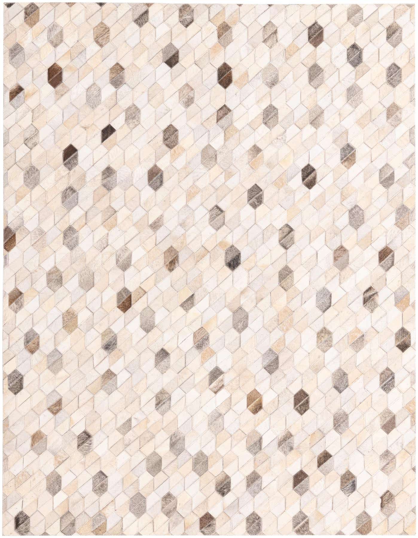 A 4x6 rectangular Cowhide rug featuring a modern geometric pattern of multi-colored hexagonal patches in varying shades of brown, beige, and cream.