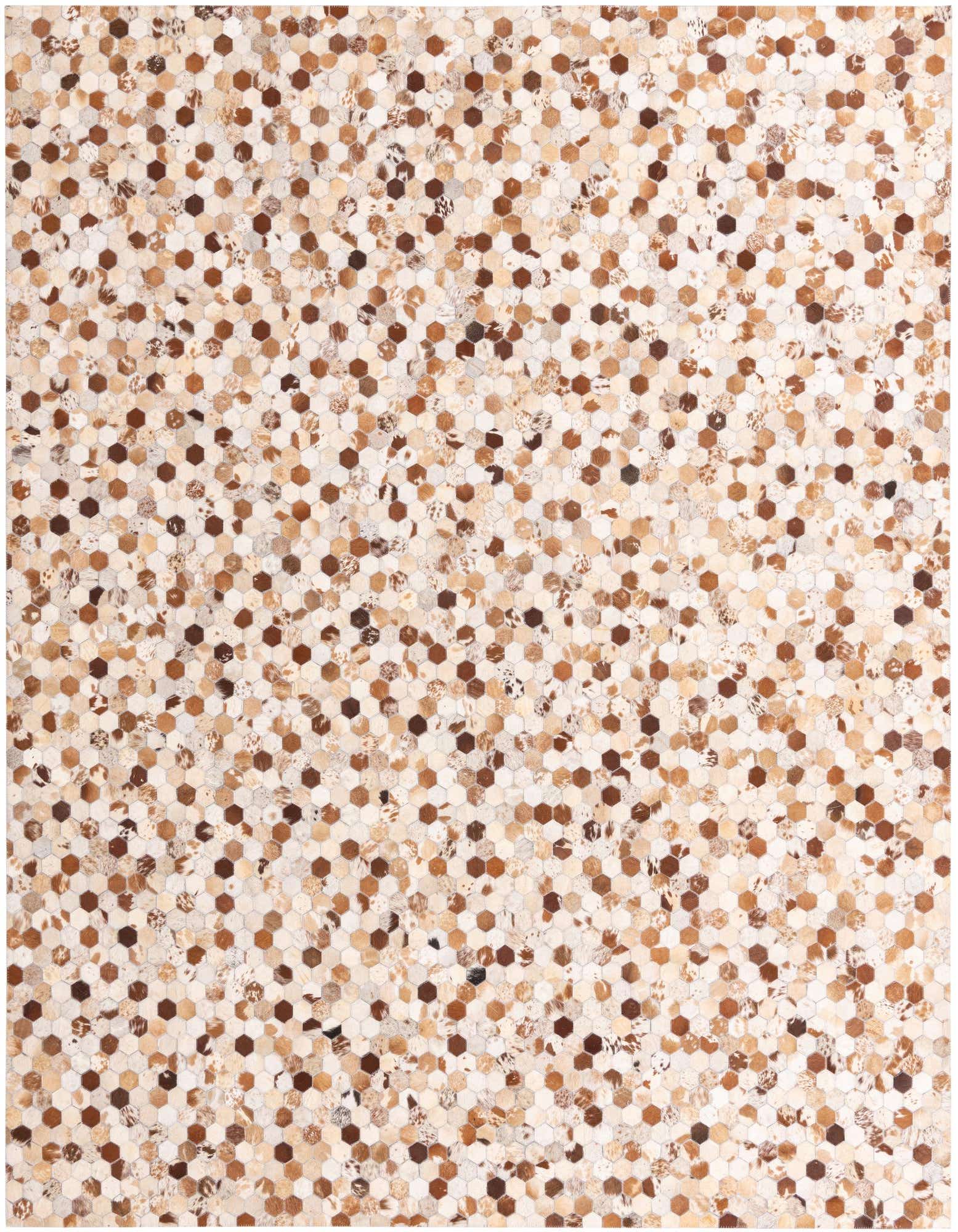 A rectangular 8x10 multi-colored modern cowhide rug featuring a mosaic of small hexagonal patches in varying shades of brown, beige, and white.