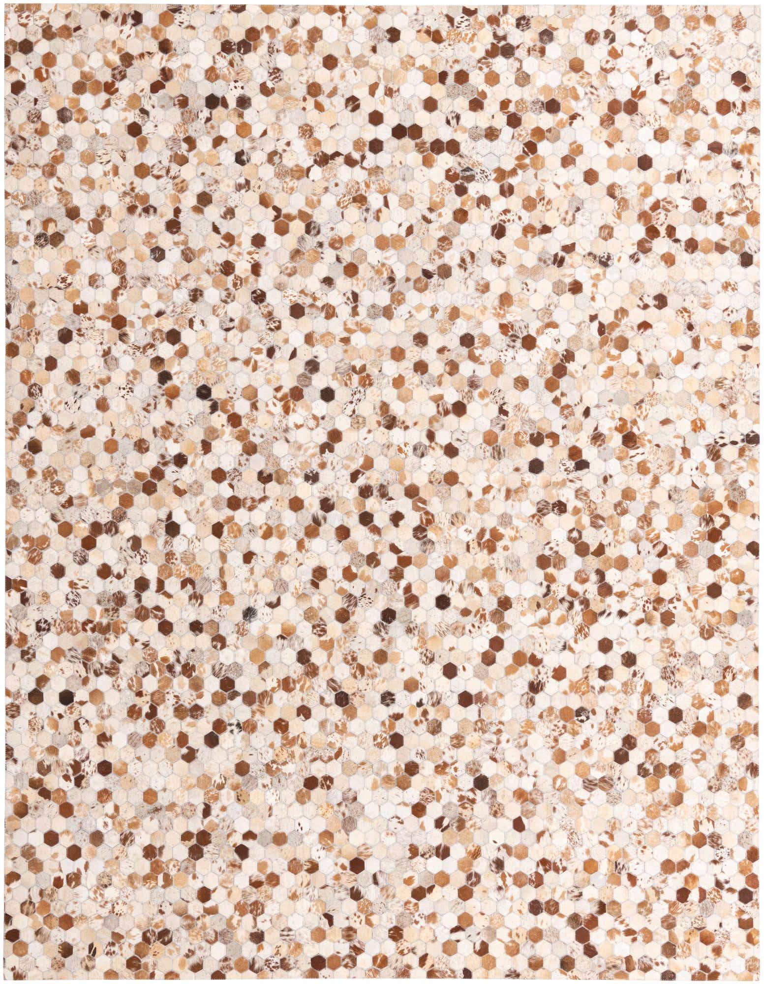 A rectangular 8x10 Cowhide rug with a modern, multi-colored hexagonal pattern in shades of brown, tan, and cream.