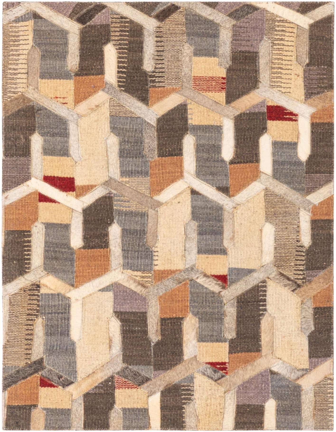A 2x3 rectangular Cowhide & Leather rug with a modern multi-colored geometric pattern, featuring shades of brown, beige, grey, and hints of red.