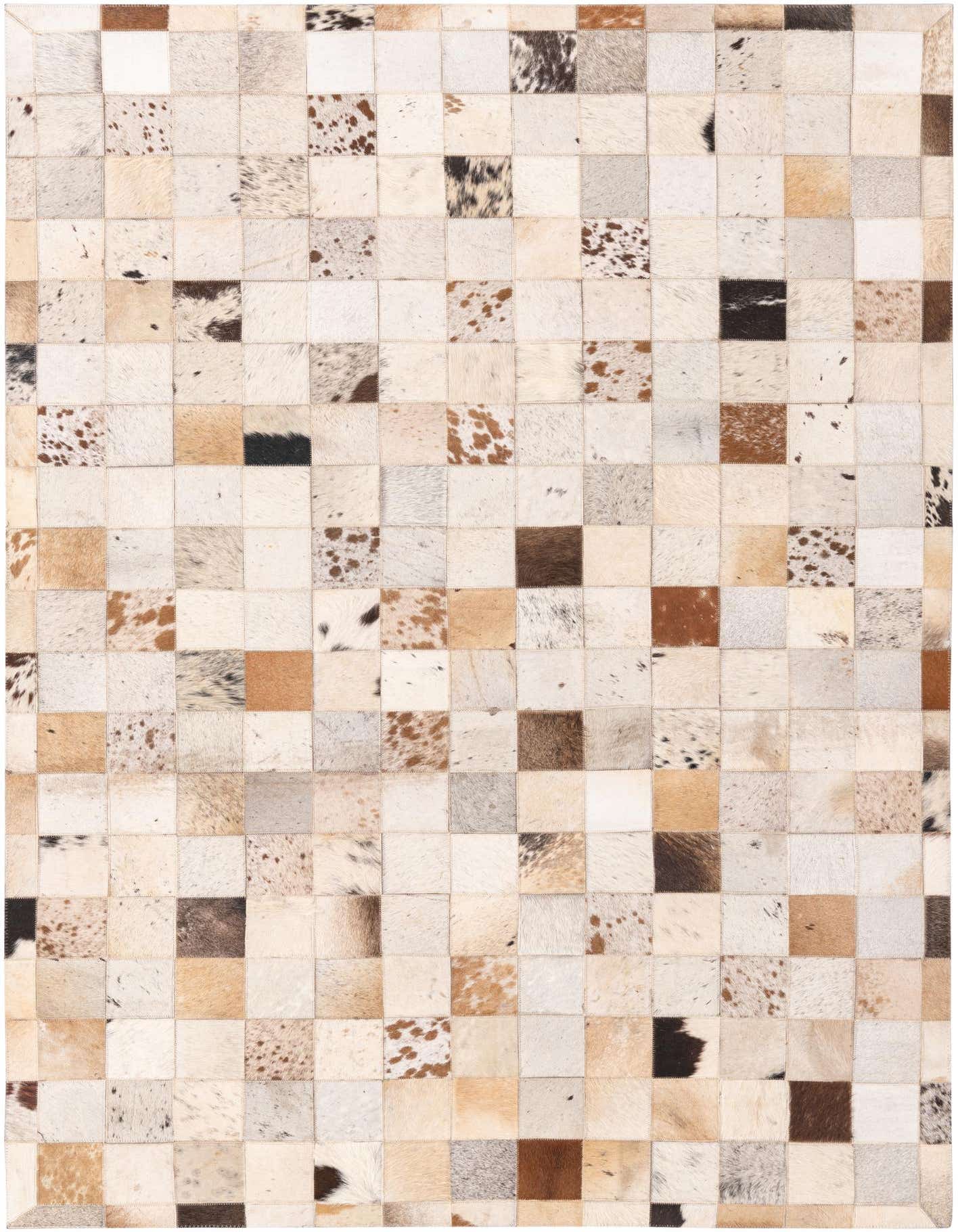 A 5x8 rectangular cowhide rug featuring a modern patchwork design in natural multi-colored shades of brown, white, and black.