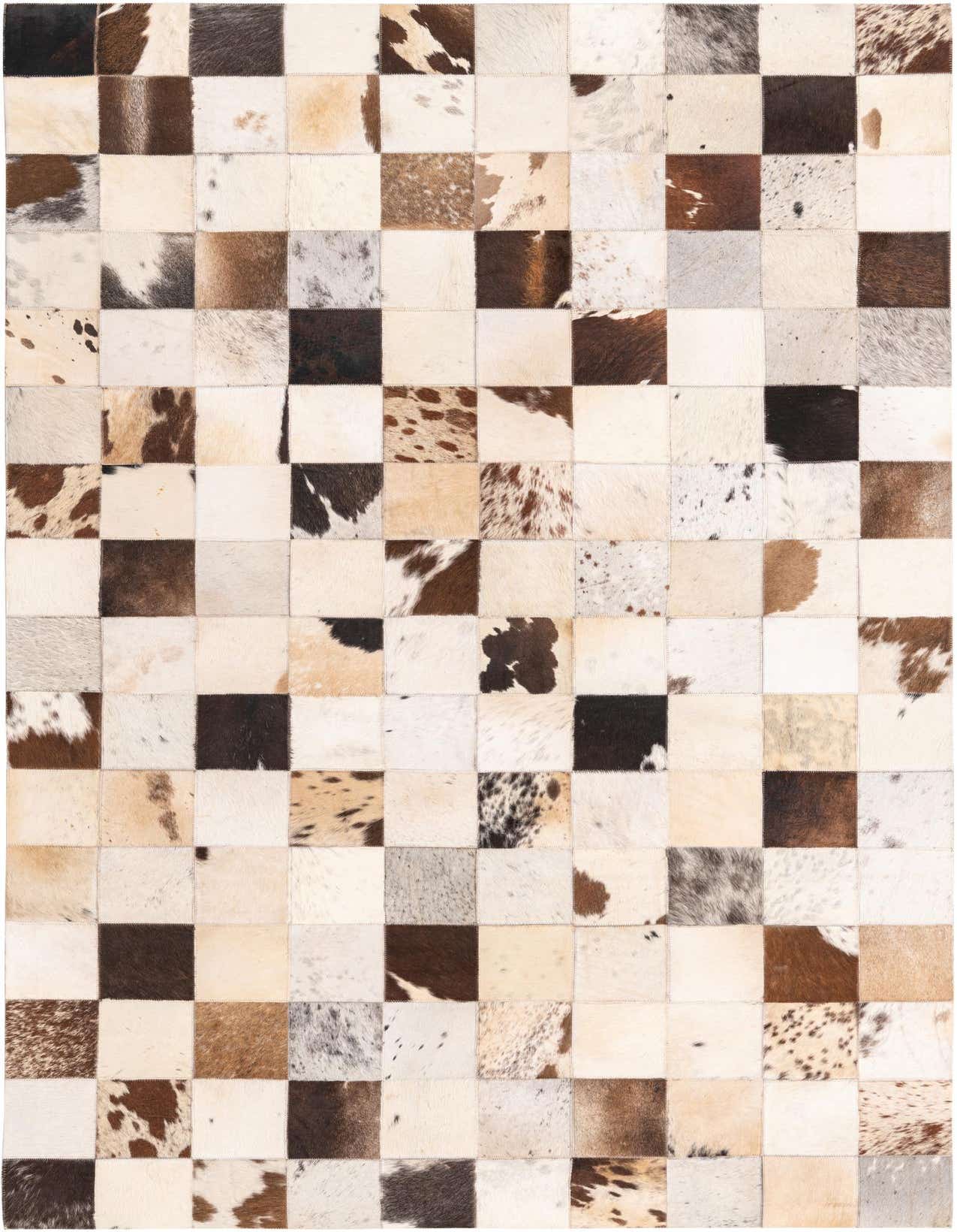 A 5x8 rectangular Cowhide rug featuring a modern patchwork of multi-colored squares in various natural brown, black, and white tones.