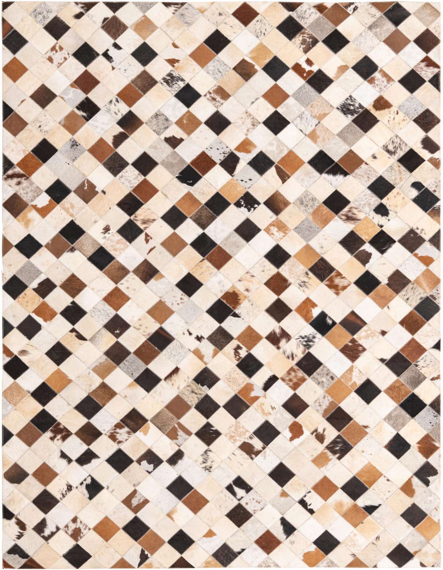 A 5x8 rectangular Cowhide rug with a modern patchwork of multi-colored diamond-shaped leather and cowhide pieces.
