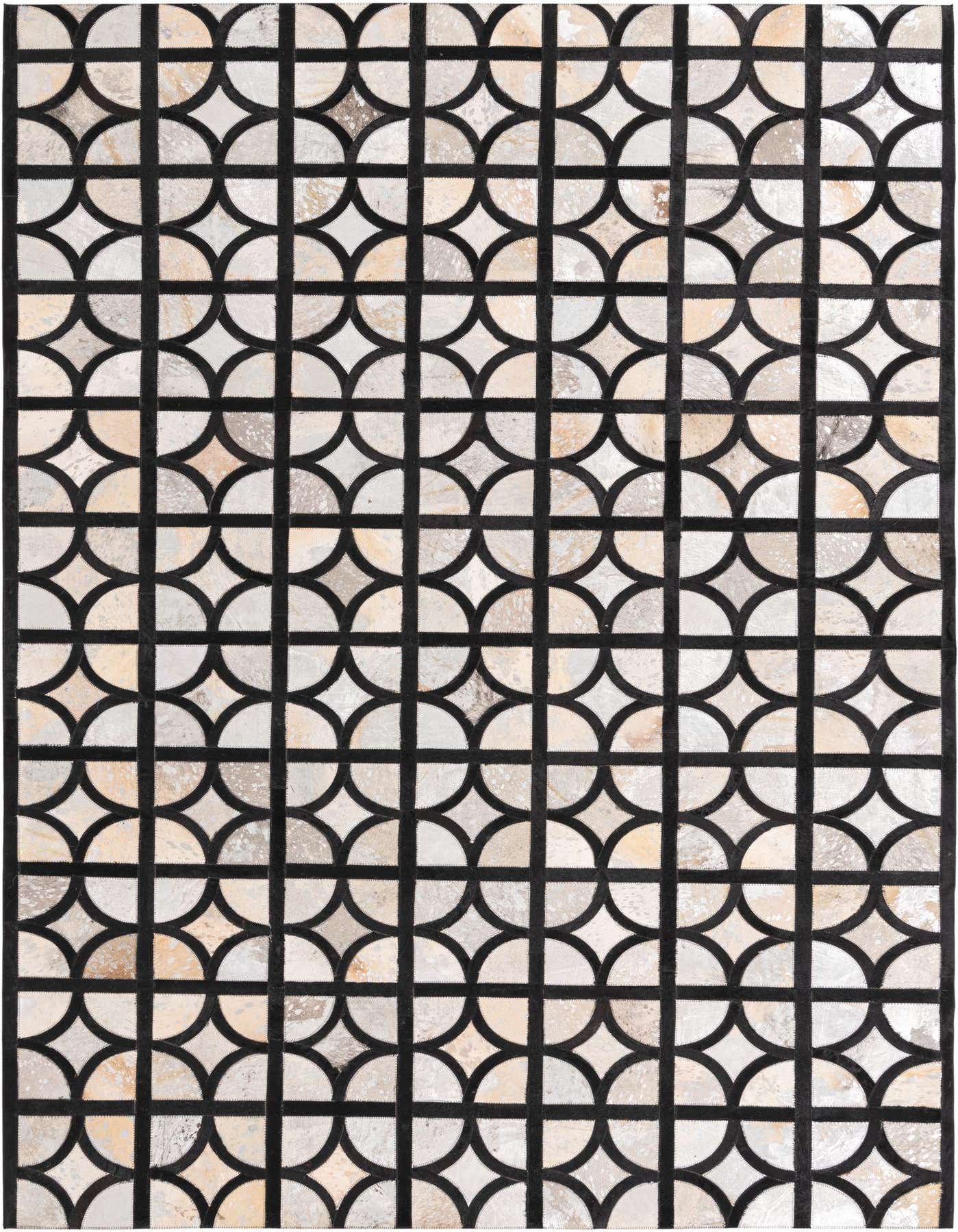 A 5x8 rectangular Cowhide rug featuring a modern geometric pattern of black lines forming a grid over multi-colored circular and semi-circular patches.