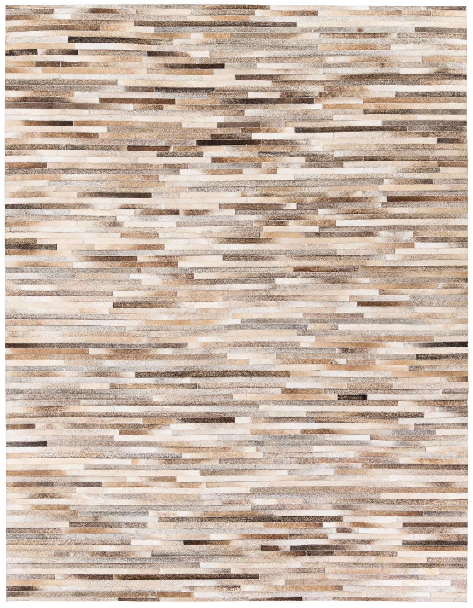 A rectangular 8x10 Cowhide Stocks rug featuring a modern striped pattern in multi-colored natural cowhide and leather.