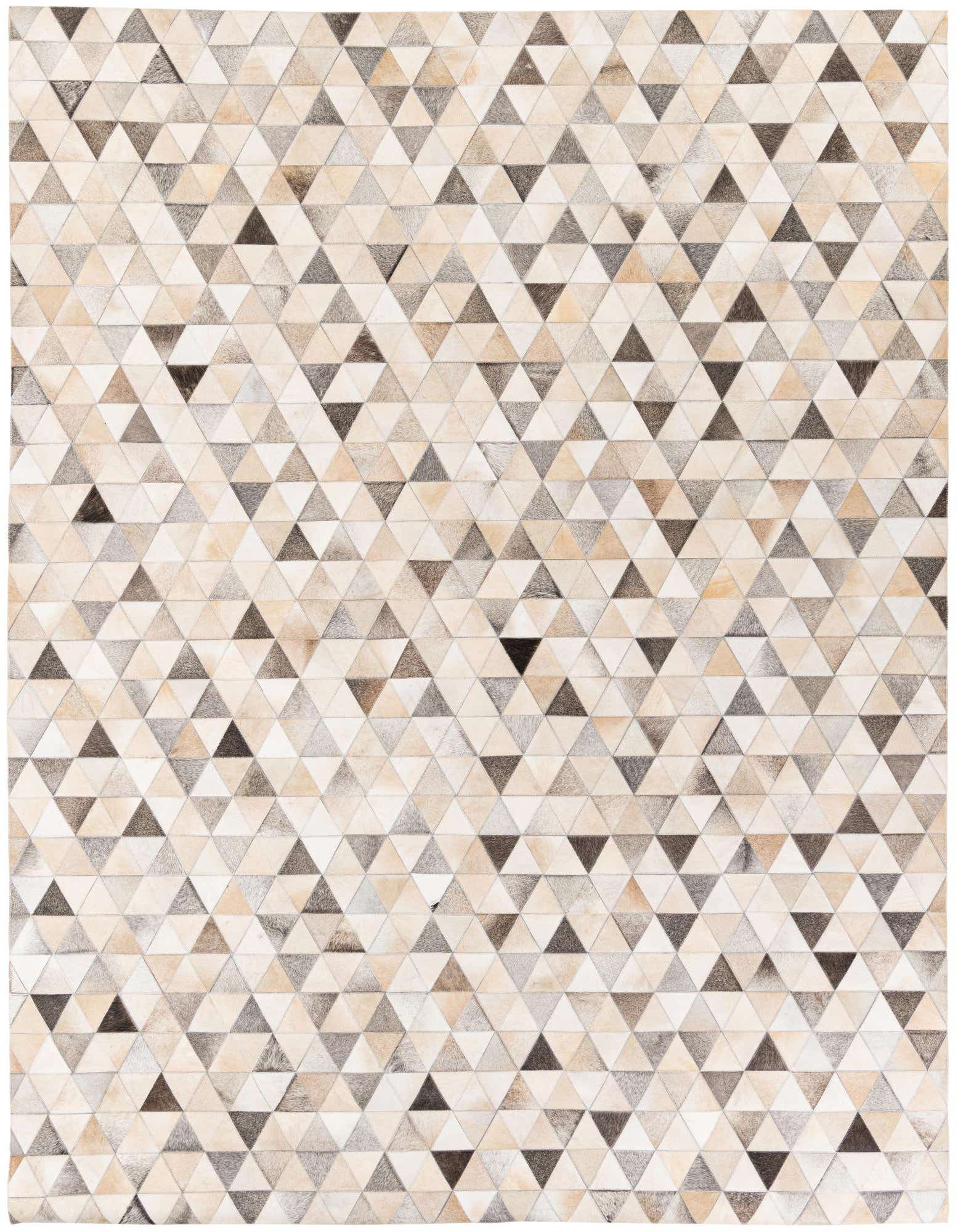 A rectangular 8x10 multi-colored modern cowhide rug featuring a geometric pattern of various triangular patches in shades of beige, brown, and cream.