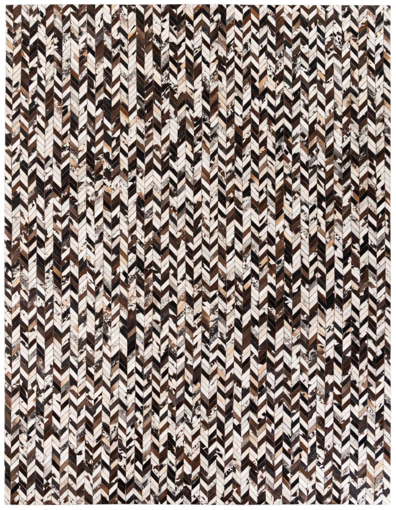 A rectangular 8x10 multi-colored cowhide rug with a modern chevron pattern in shades of brown, black, and white.