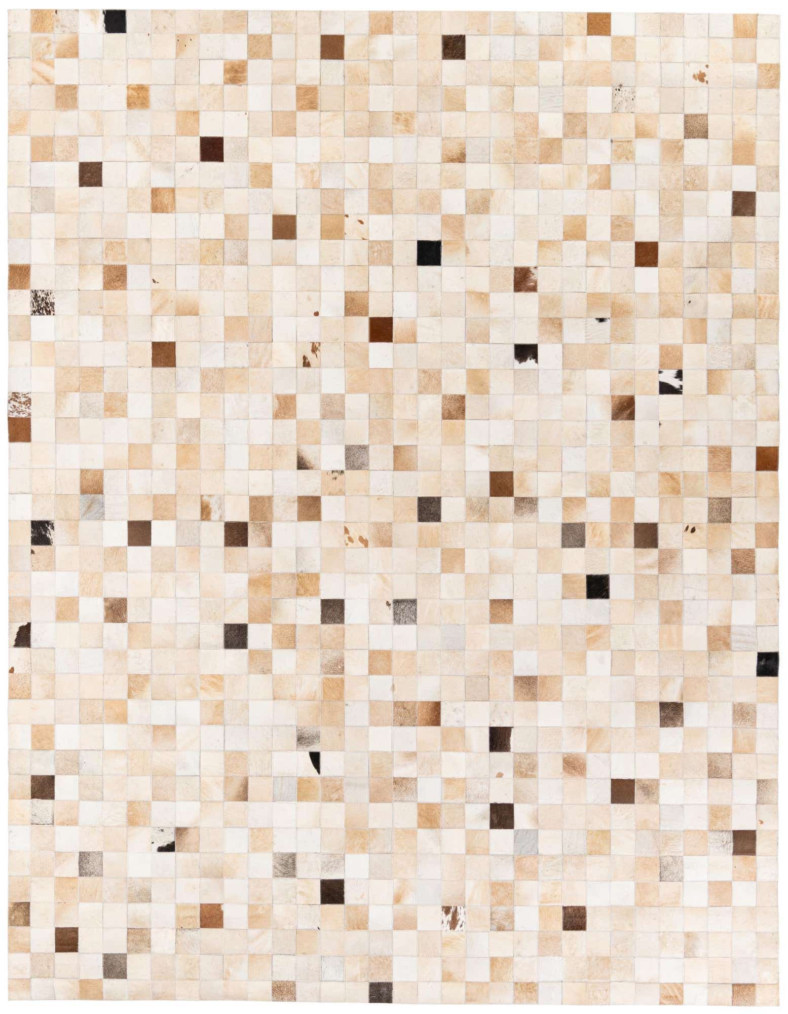 8x10 rectangular Cowhide Stocks rug featuring a modern patchwork of multi-colored cowhide squares in various shades of brown, beige, and cream.