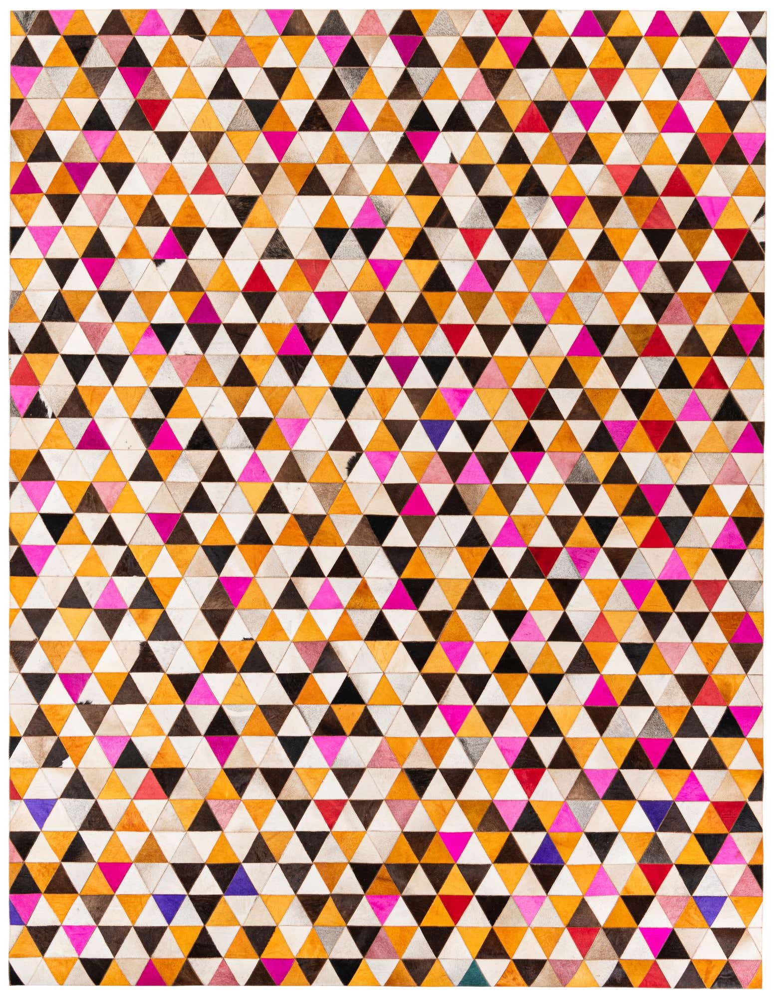 A vibrant 8x10 rectangular rug featuring a modern geometric pattern of multi-colored cowhide triangles in shades of orange, pink, black, white, and red.