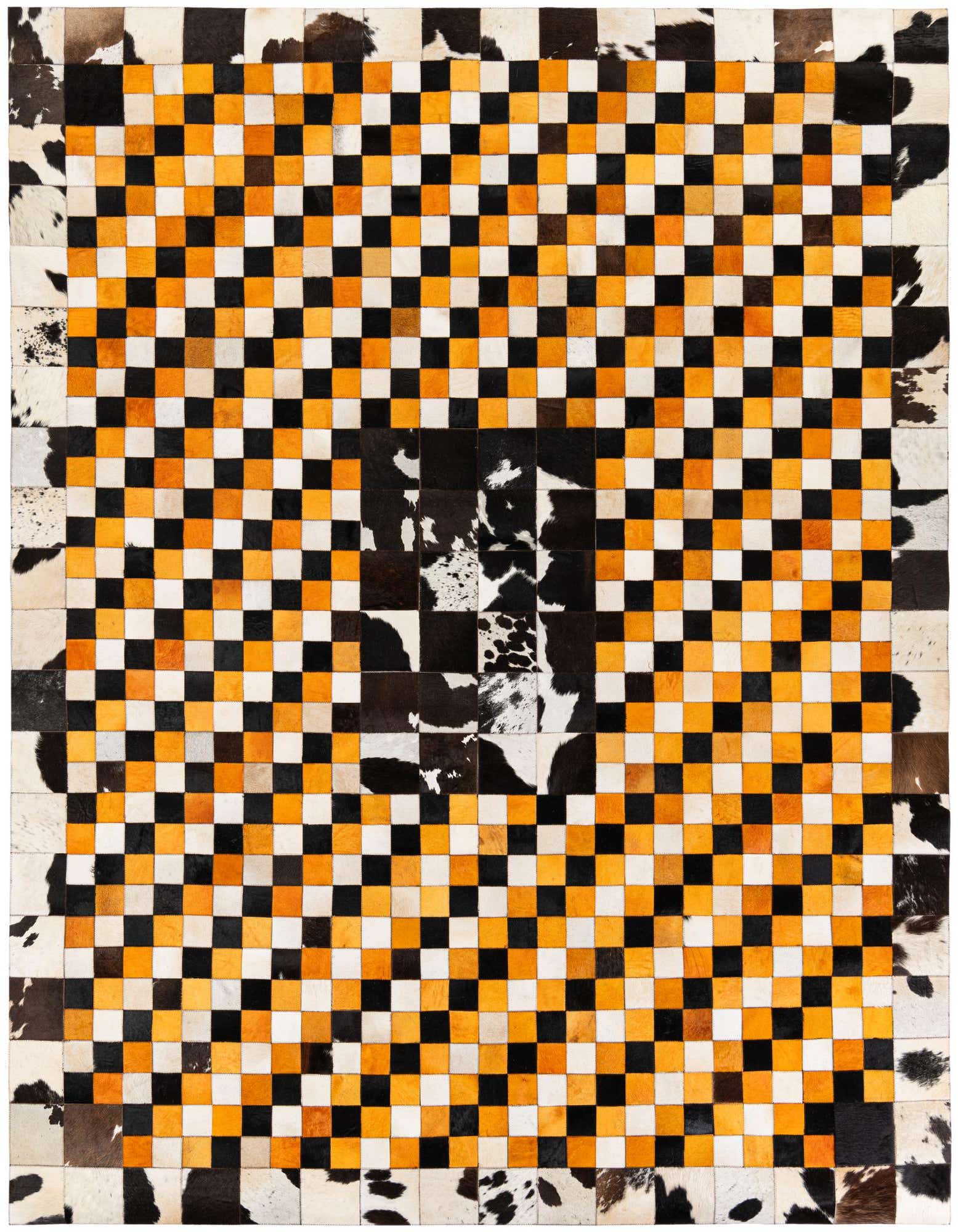 A rectangular 8x10 modern cowhide rug featuring a vibrant checkerboard pattern in orange, black, and white.